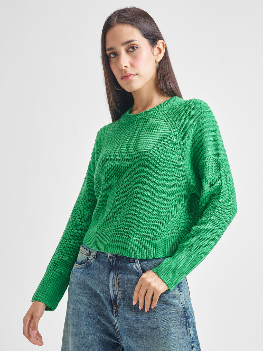 Tokyo Talkies Women Green Round Neck Sweater - Green - Image 4