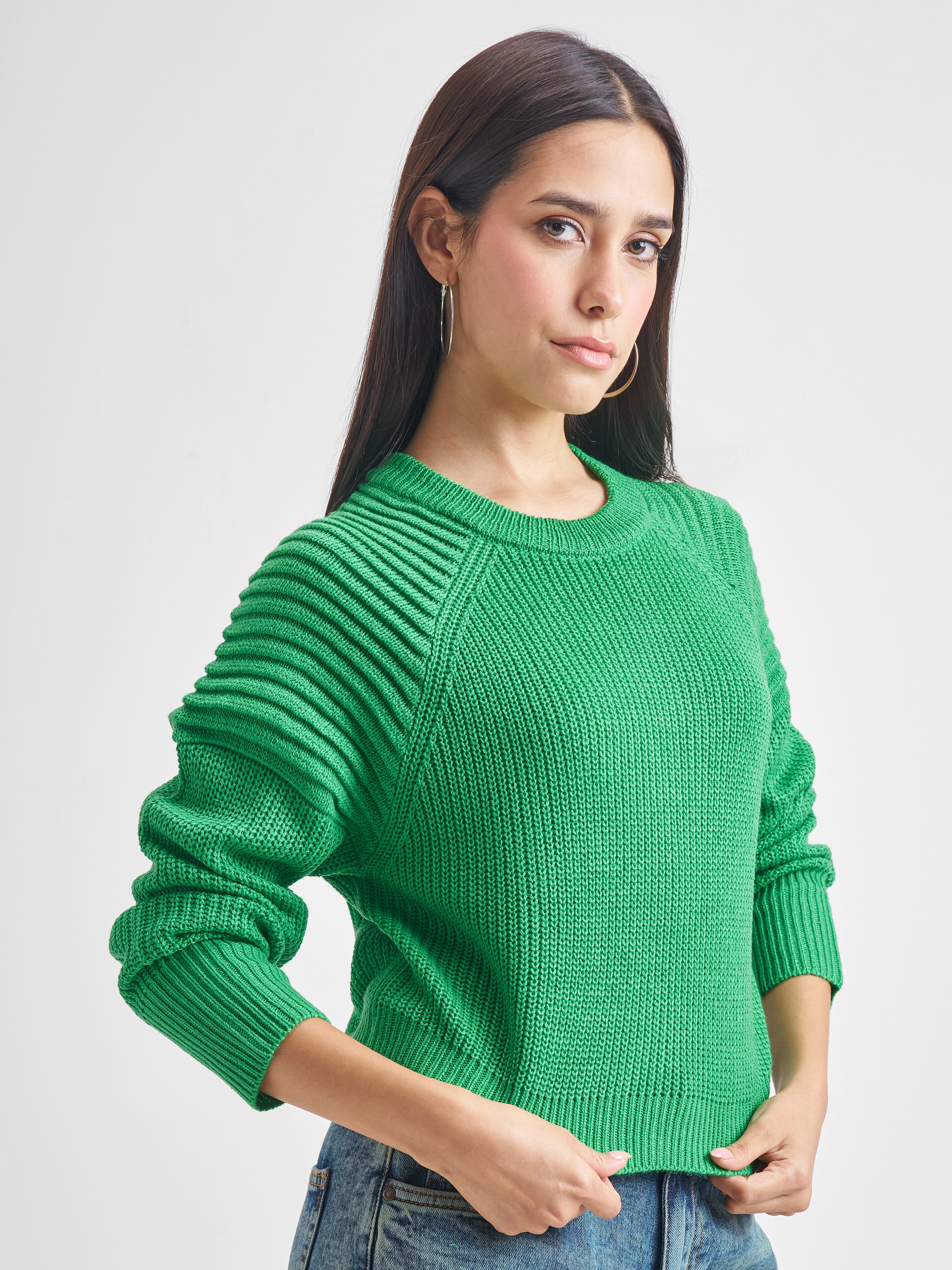 Tokyo Talkies Women Green Round Neck Sweater - Green - Image 6
