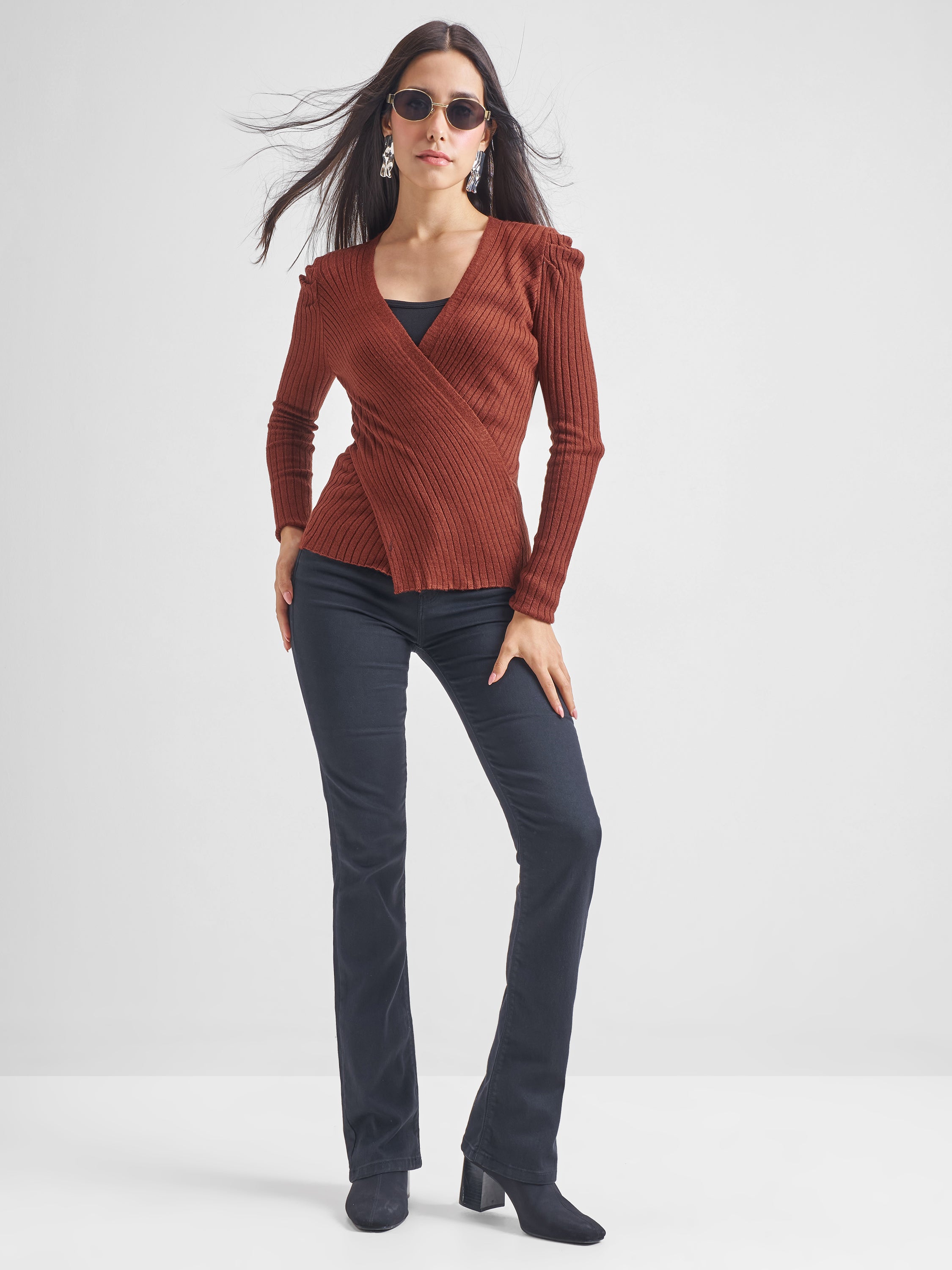 Tokyo Talkies Women Brown V-Neck Sweater - Brown - Image 2