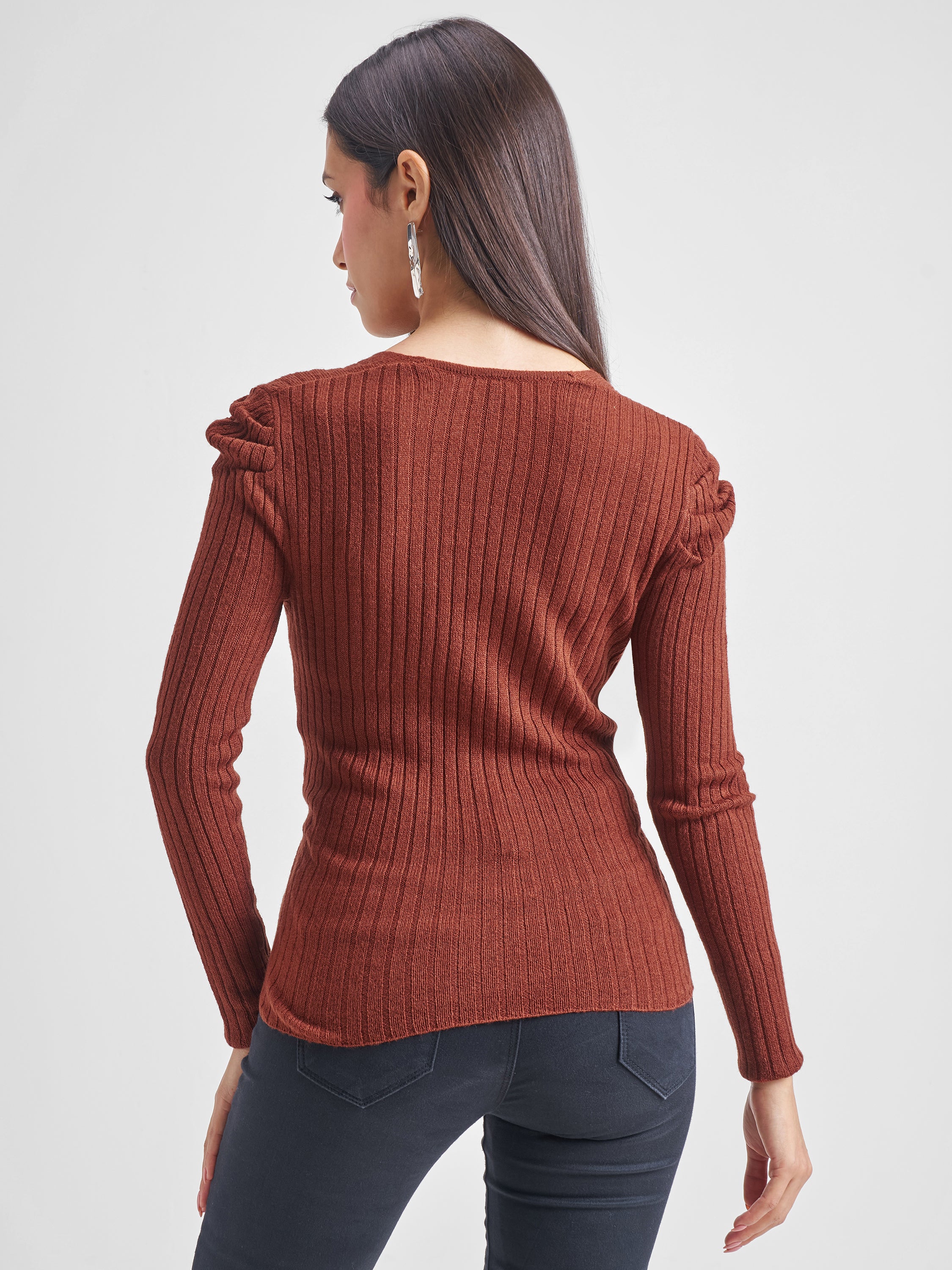 Tokyo Talkies Women Brown V-Neck Sweater - Brown - Image 3