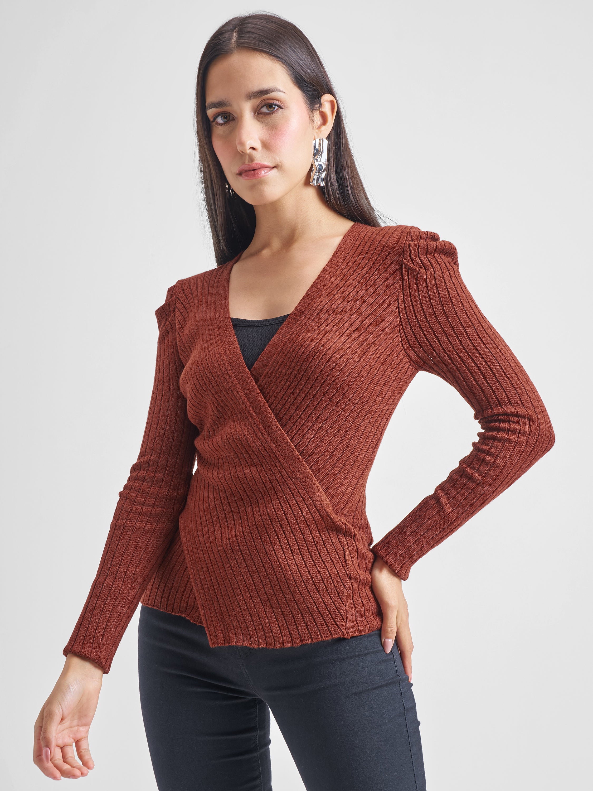Tokyo Talkies Women Brown V-Neck Sweater - Brown - Image 4