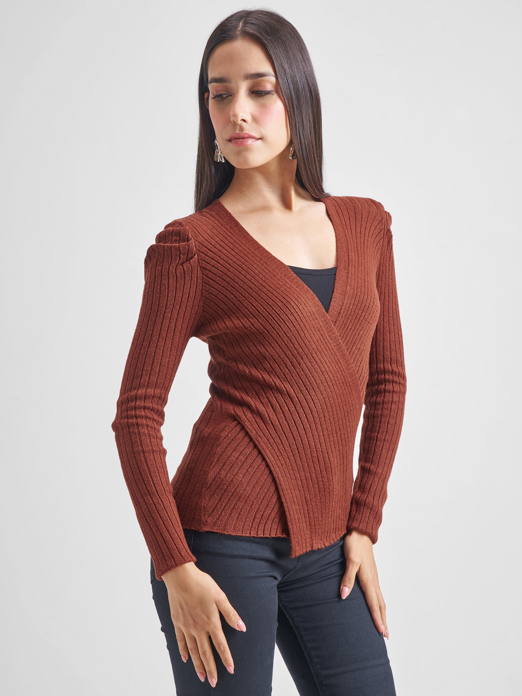 Tokyo Talkies Women Brown V-Neck Sweater - Brown - Image 6