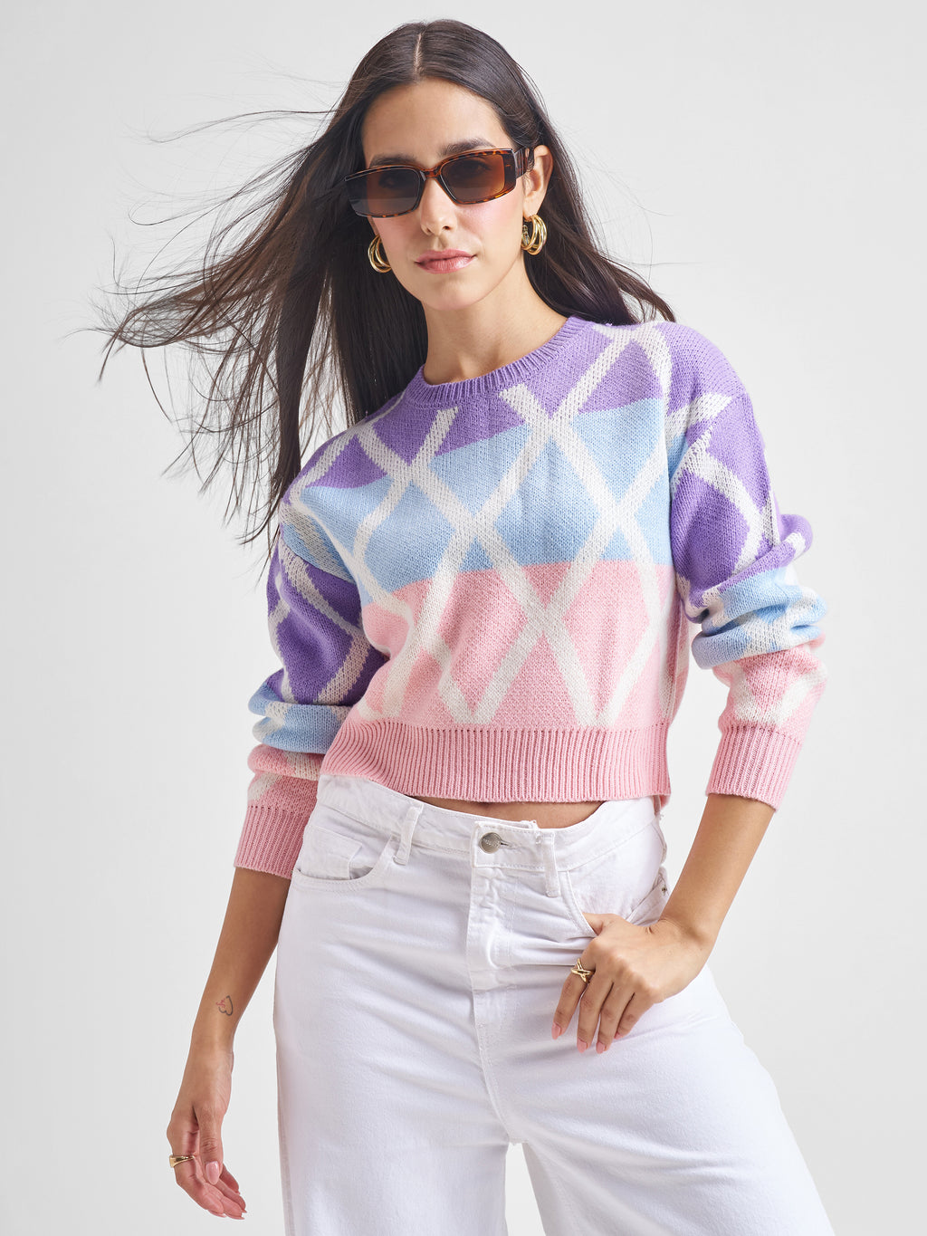 Tokyo Talkies Women Purple Round Neck Sweater - Purple - Image 1