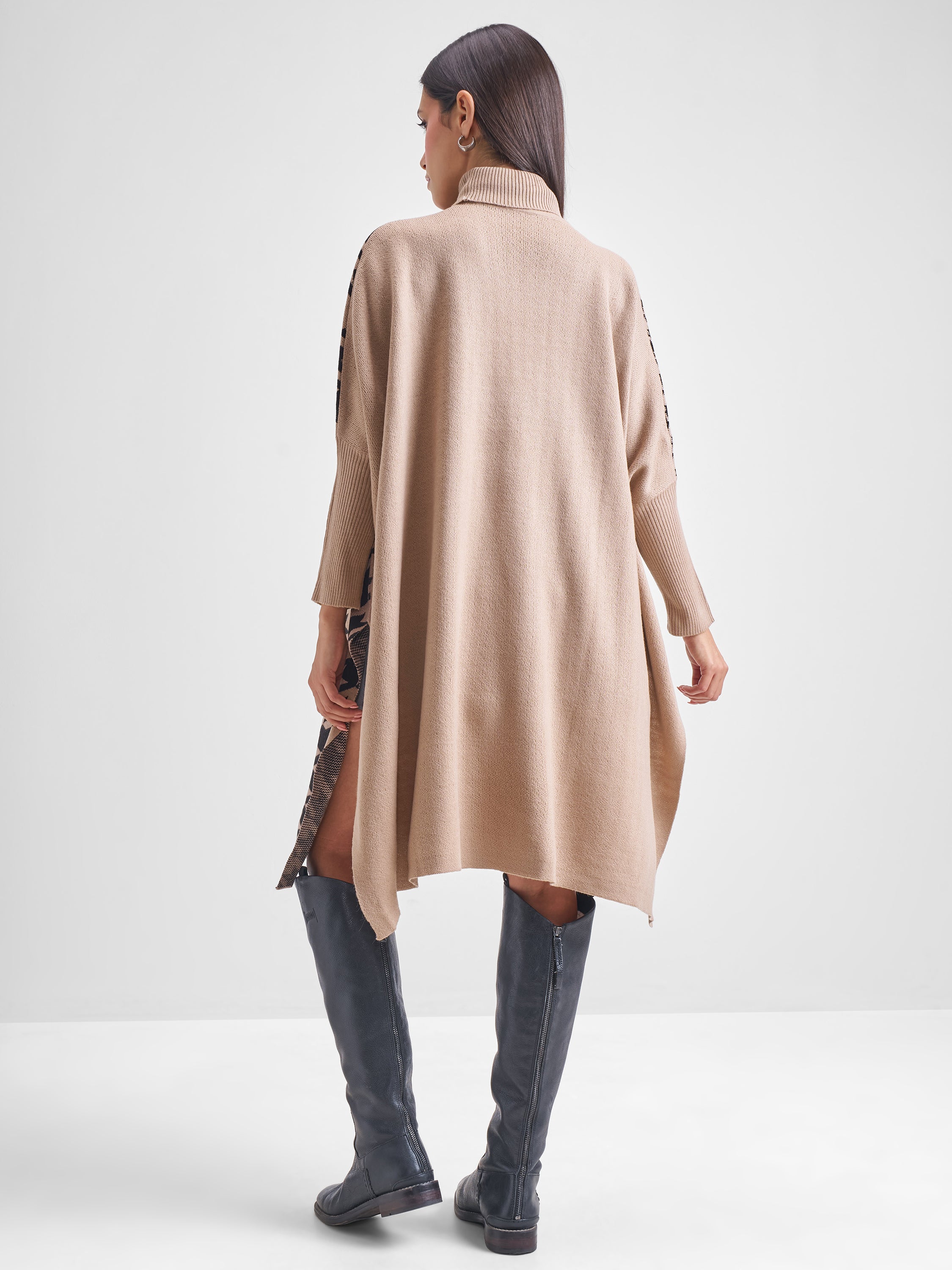 Tokyo Talkies Women Brown Turtle Neck Houndstooth Sweater - Brown - Image 3