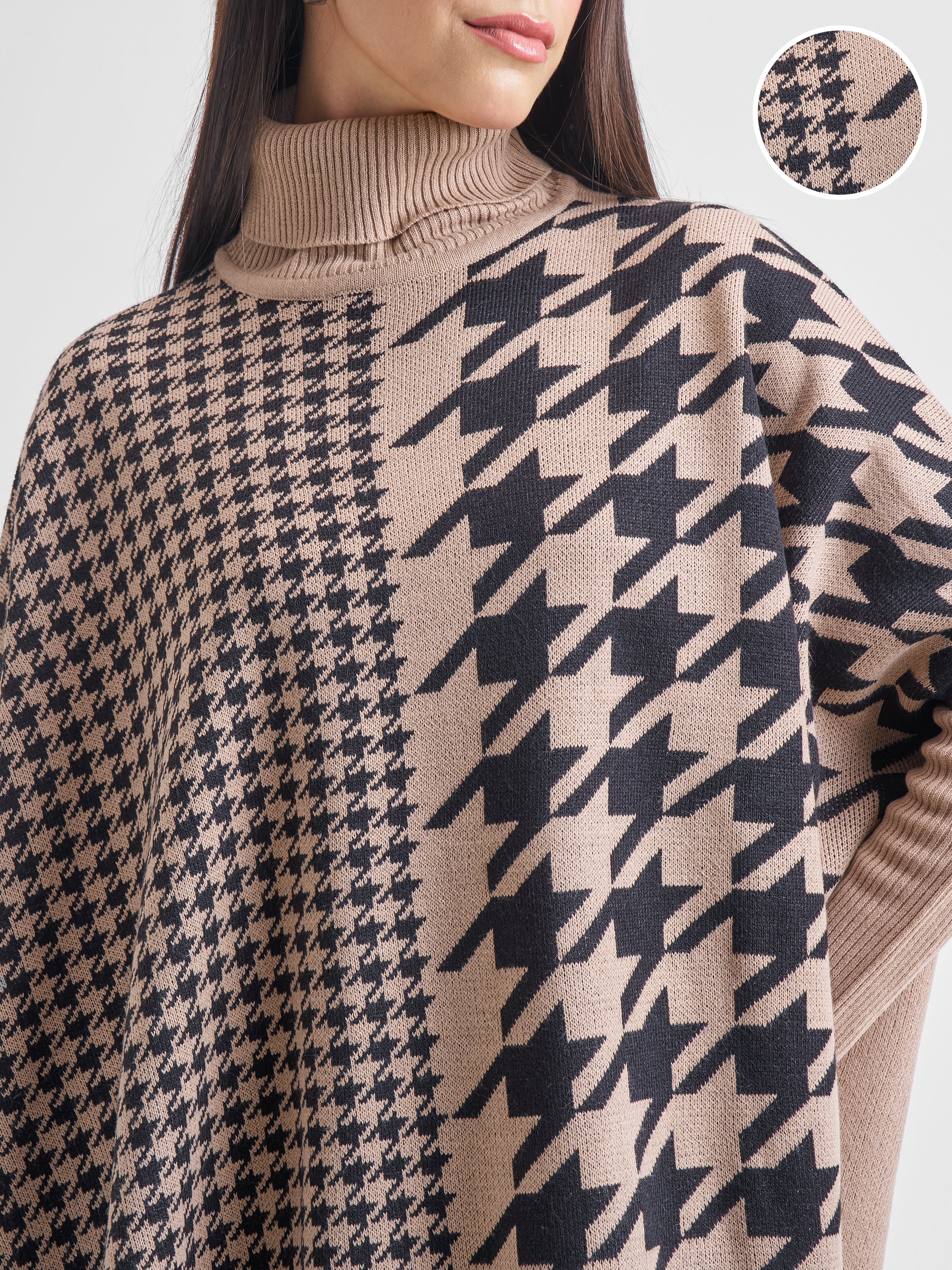 Tokyo Talkies Women Brown Turtle Neck Houndstooth Sweater - Brown - Image 5