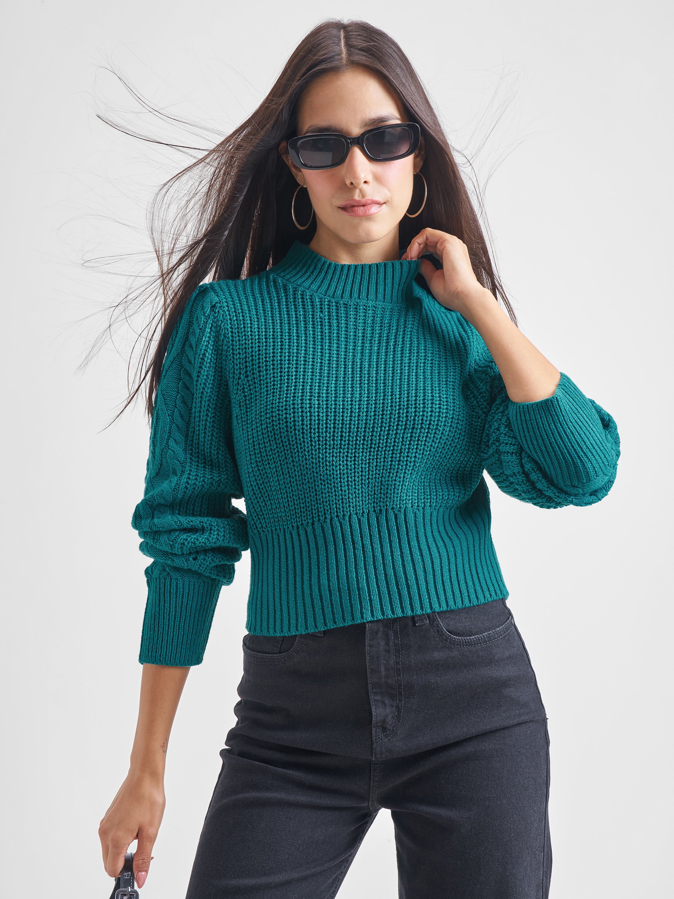 Tokyo Talkies Women Teal Turtle Neck Sweater - Teal - Image 1