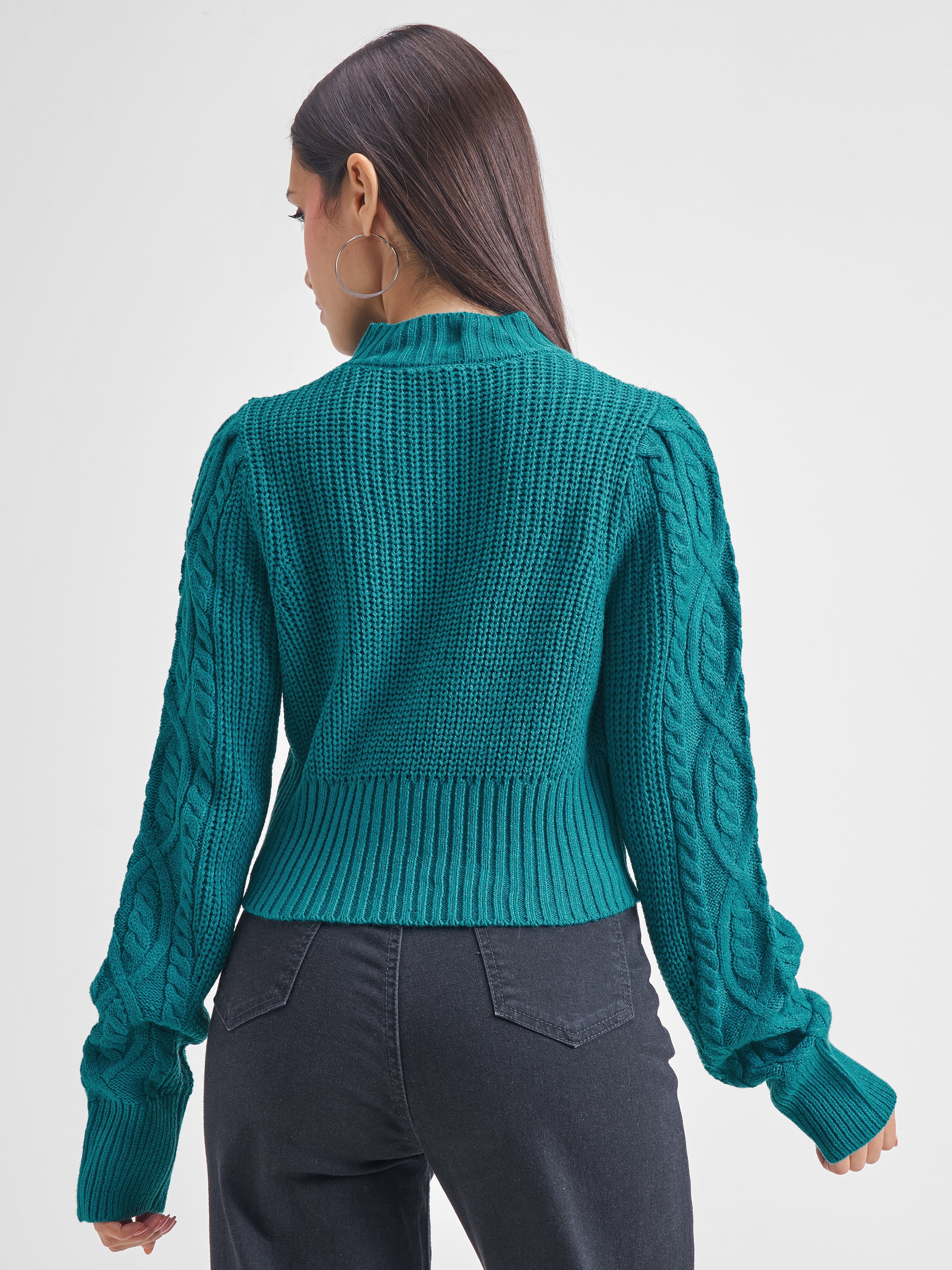Tokyo Talkies Women Teal Turtle Neck Sweater - Teal - Image 3
