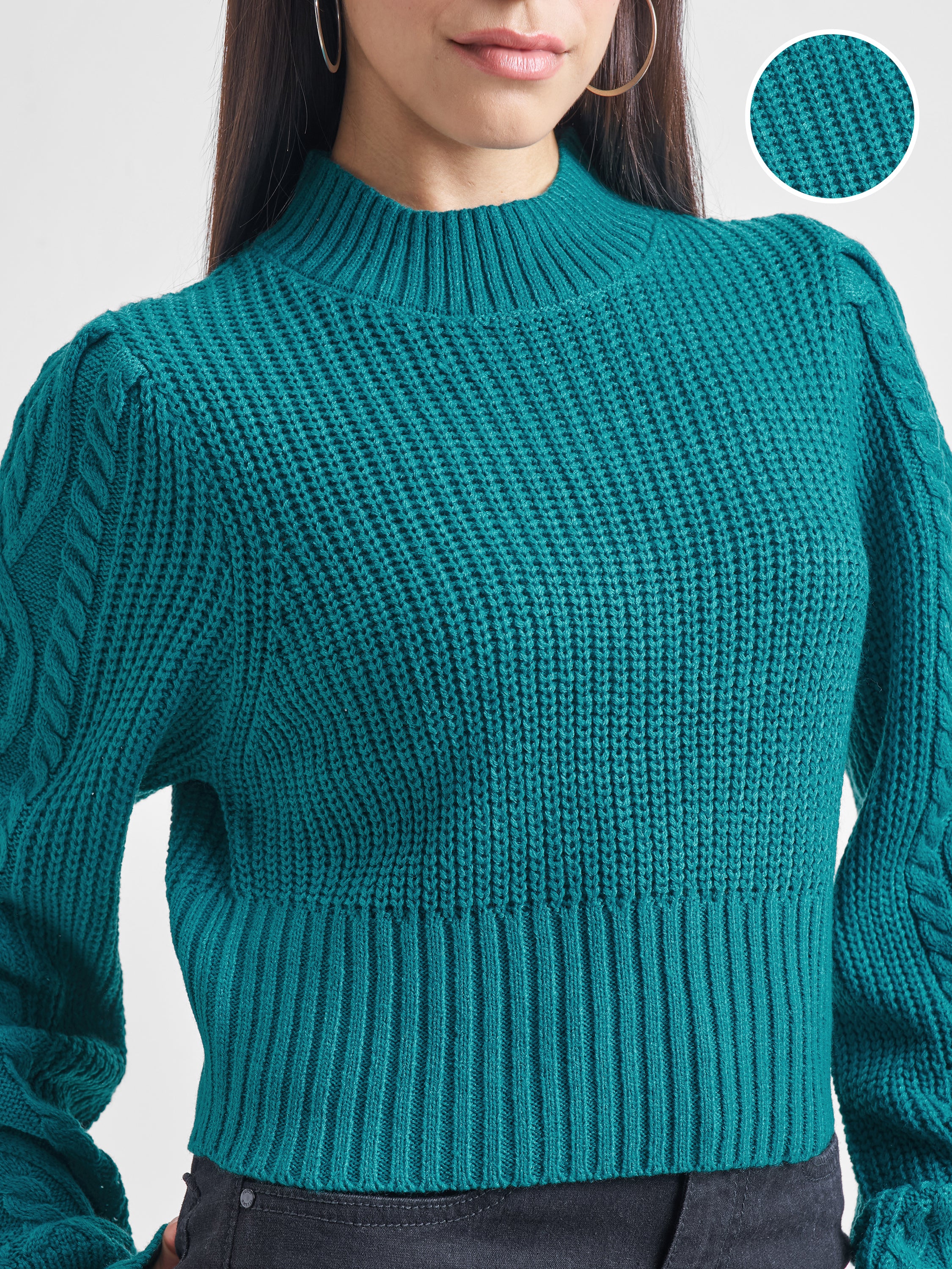 Tokyo Talkies Women Teal Turtle Neck Sweater - Teal - Image 5