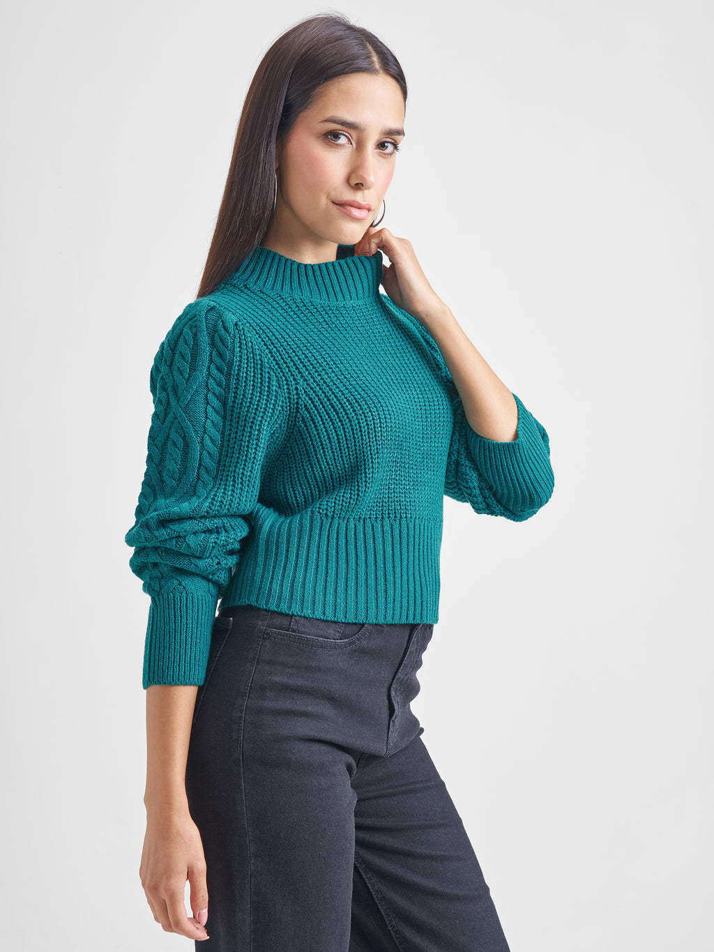 Tokyo Talkies Women Teal Turtle Neck Sweater - Teal - Image 6