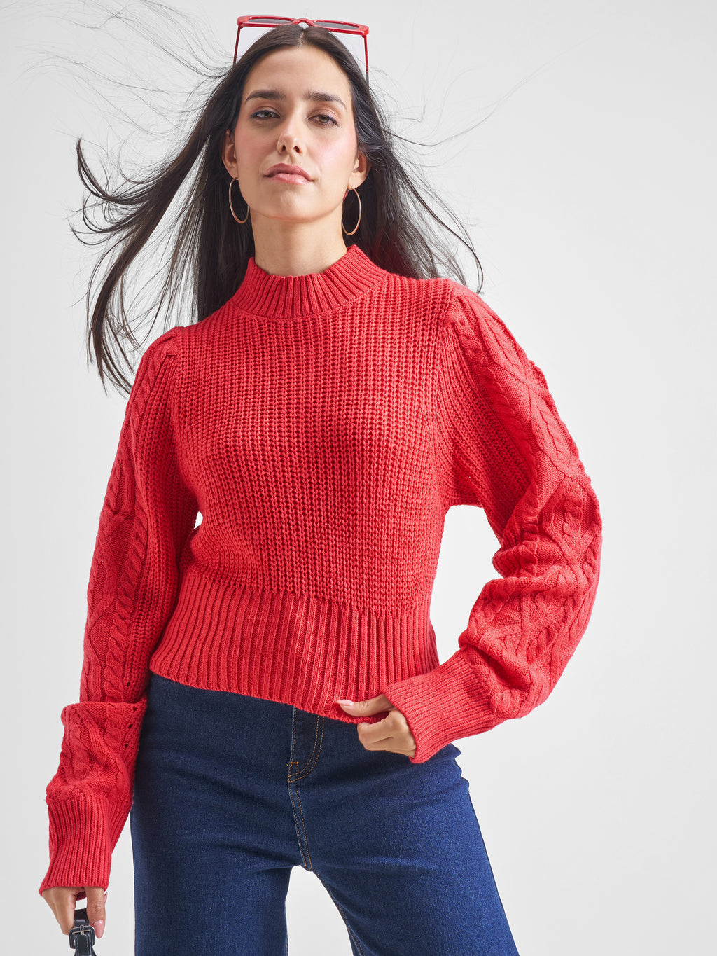 Tokyo Talkies Women Red Turtle Neck Cable Knit Sweater - Red - Image 1