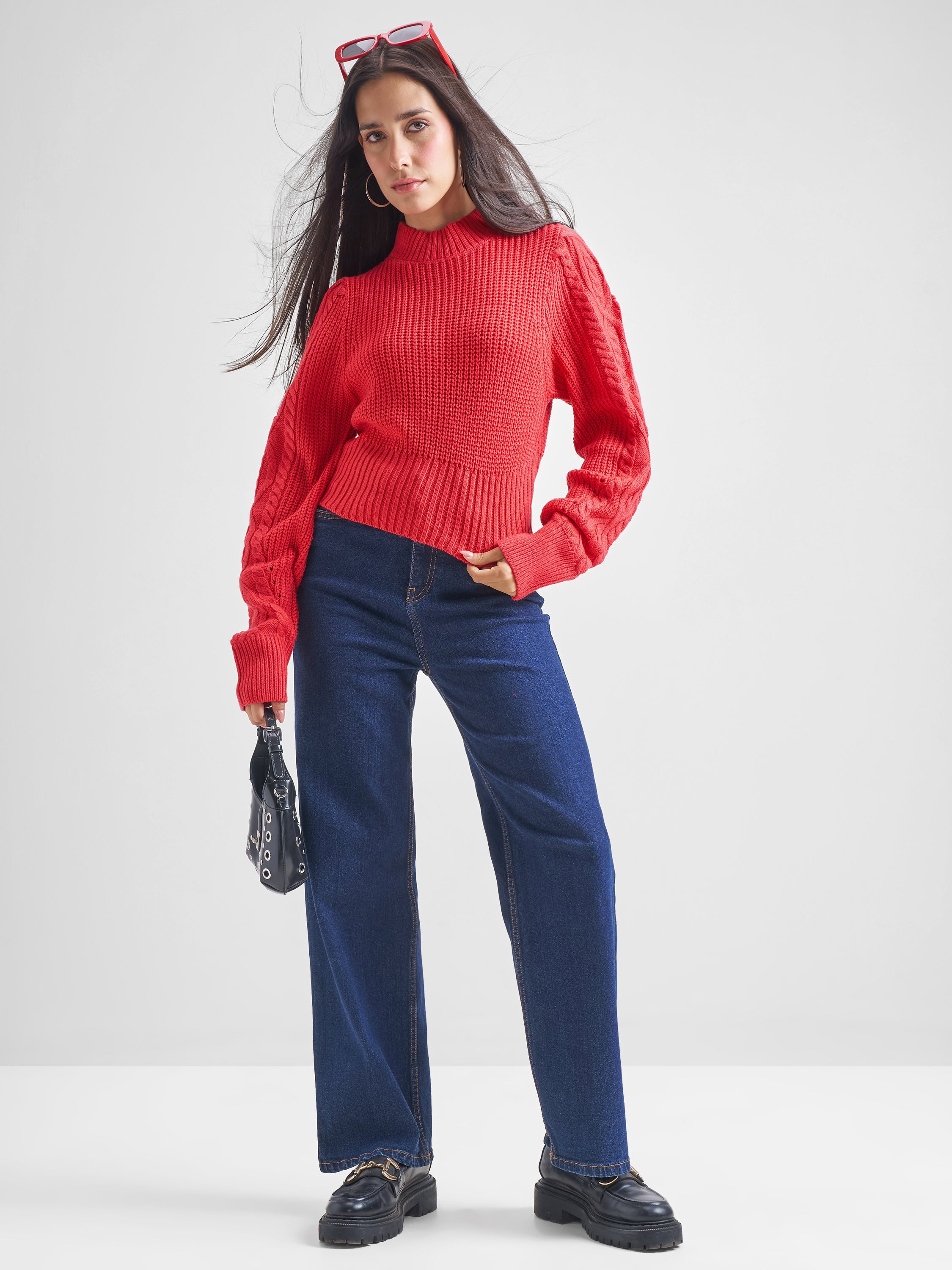Tokyo Talkies Women Red Turtle Neck Cable Knit Sweater - Red - Image 2