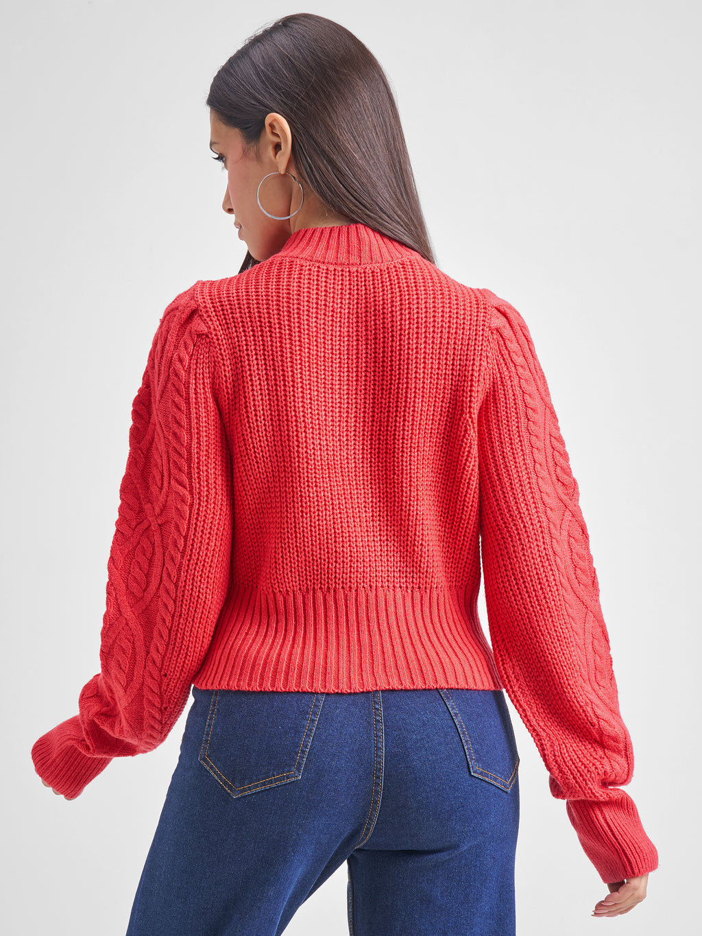 Tokyo Talkies Women Red Turtle Neck Cable Knit Sweater - Red - Image 3