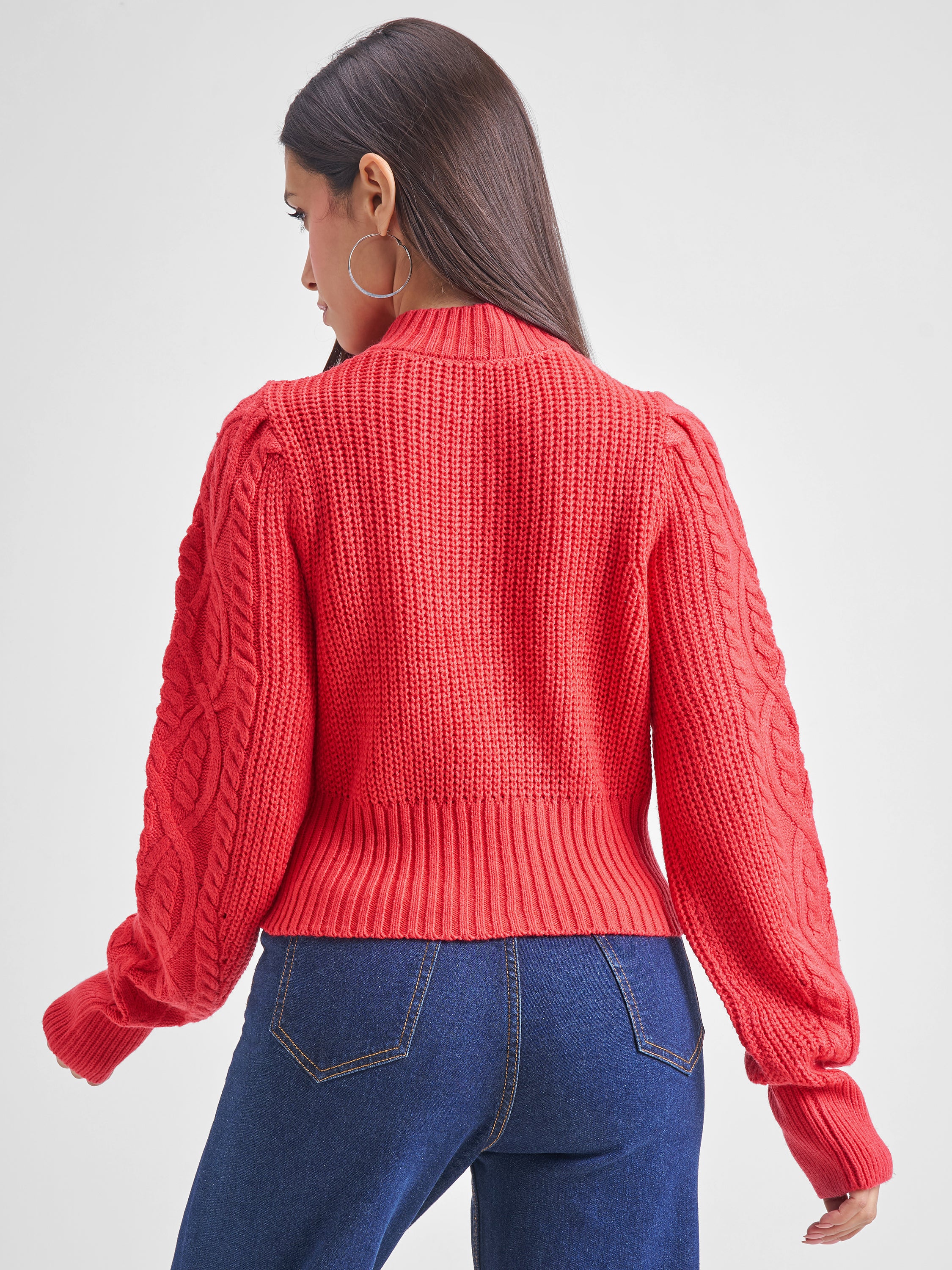 Tokyo Talkies Women Red Turtle Neck Cable Knit Sweater - Red - Image 3