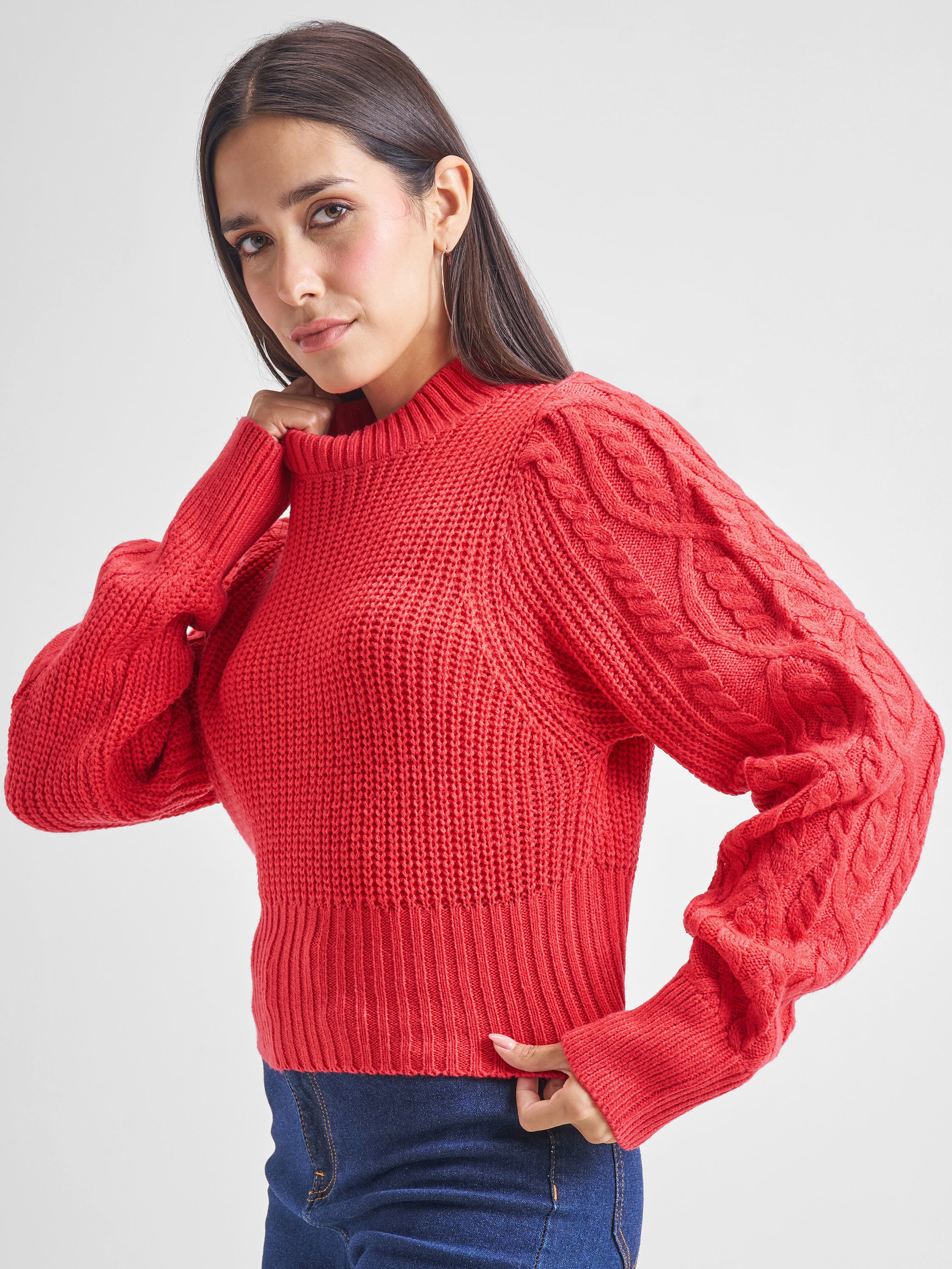 Tokyo Talkies Women Red Turtle Neck Cable Knit Sweater - Red - Image 4