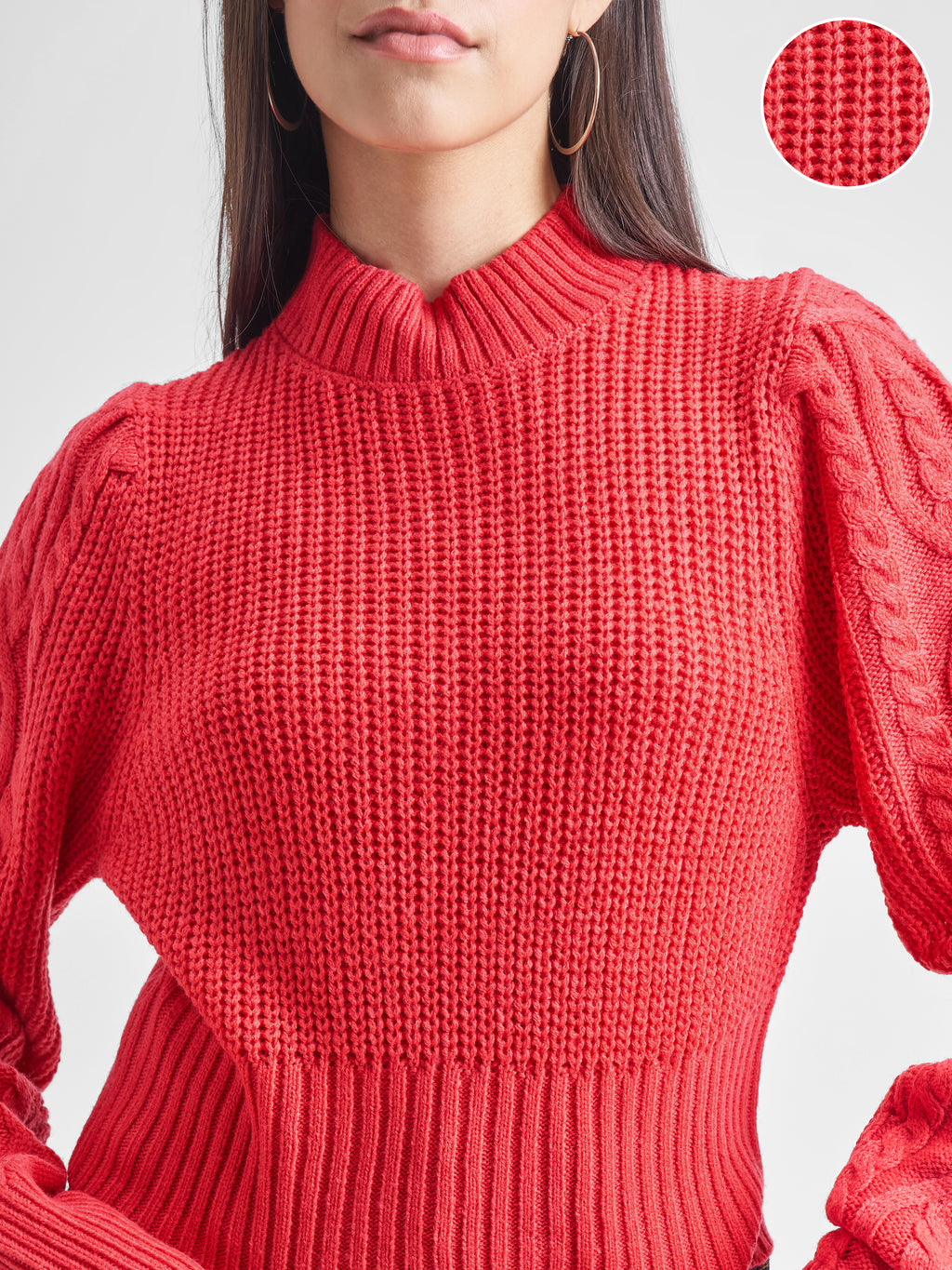 Tokyo Talkies Women Red Turtle Neck Cable Knit Sweater - Red - Image 5