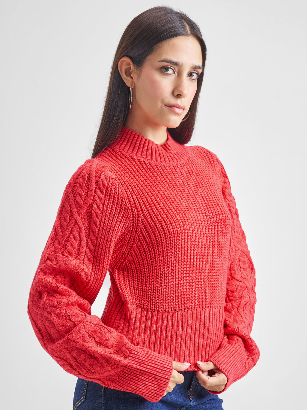 Tokyo Talkies Women Red Turtle Neck Cable Knit Sweater - Red - Image 6
