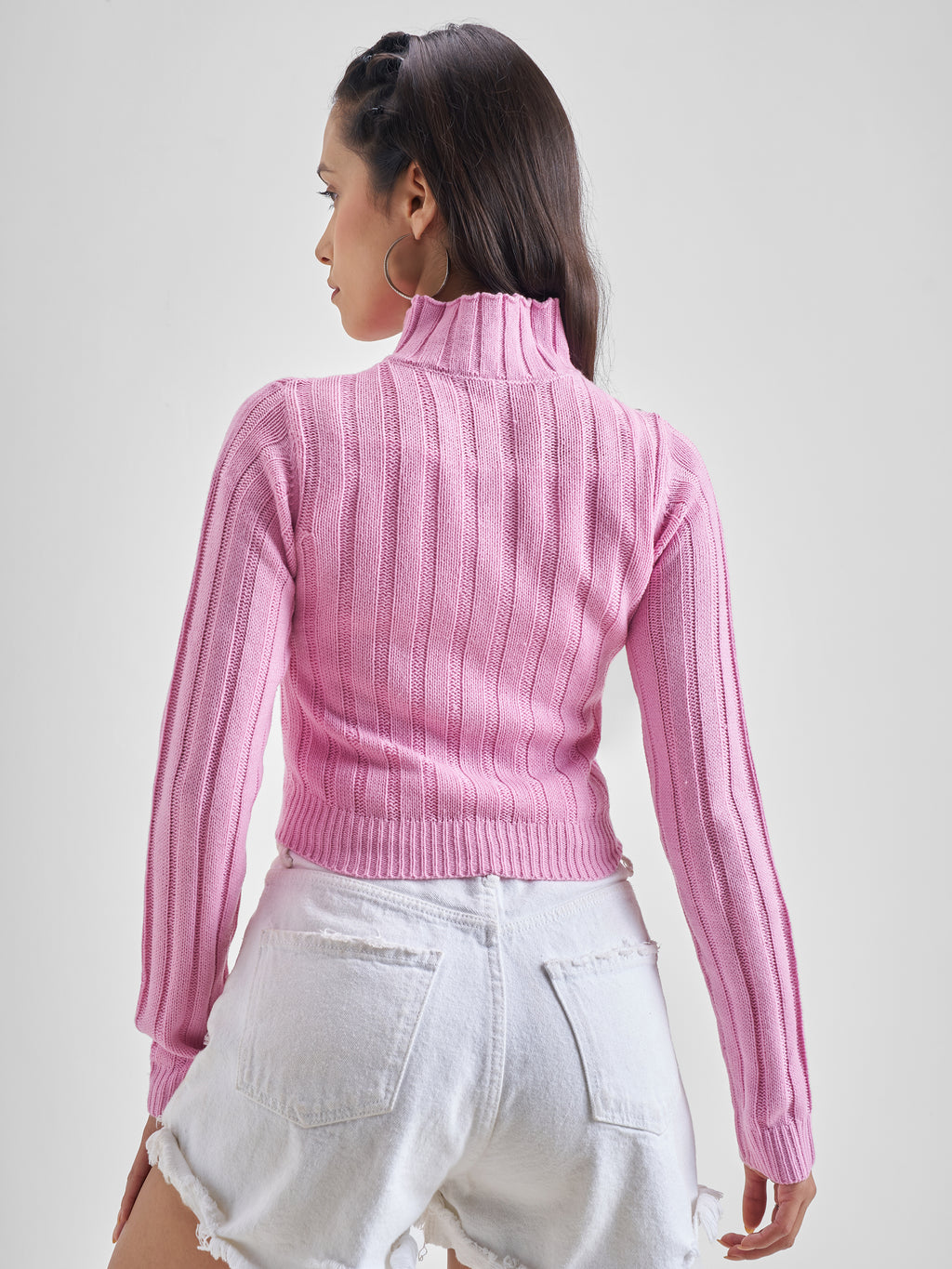 Tokyo Talkies Women Pink Mock Collar Sweater - Pink - Image 3