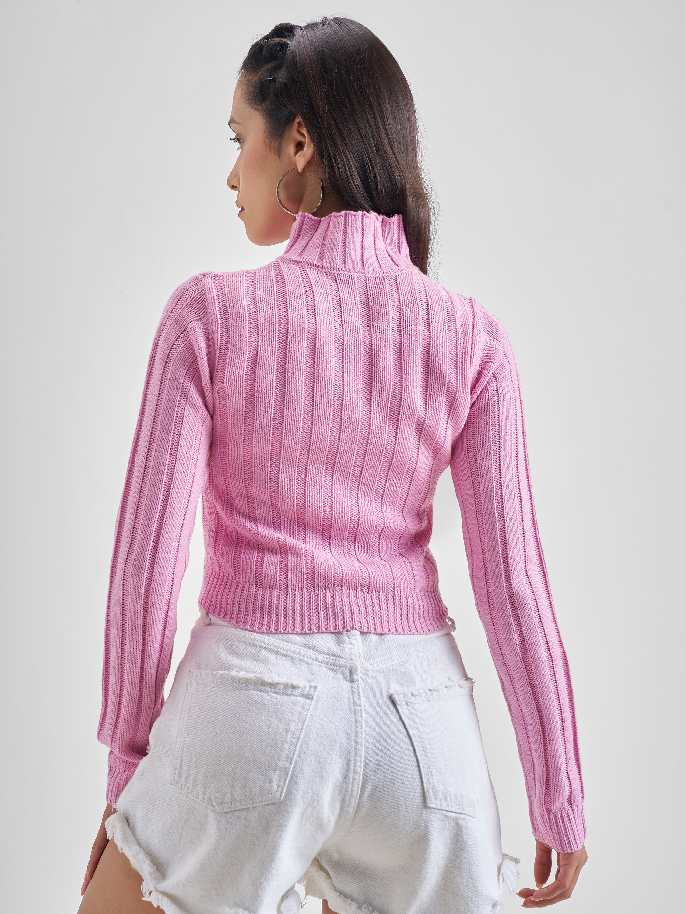 Tokyo Talkies Women Pink Mock Collar Sweater - Pink - Image 3