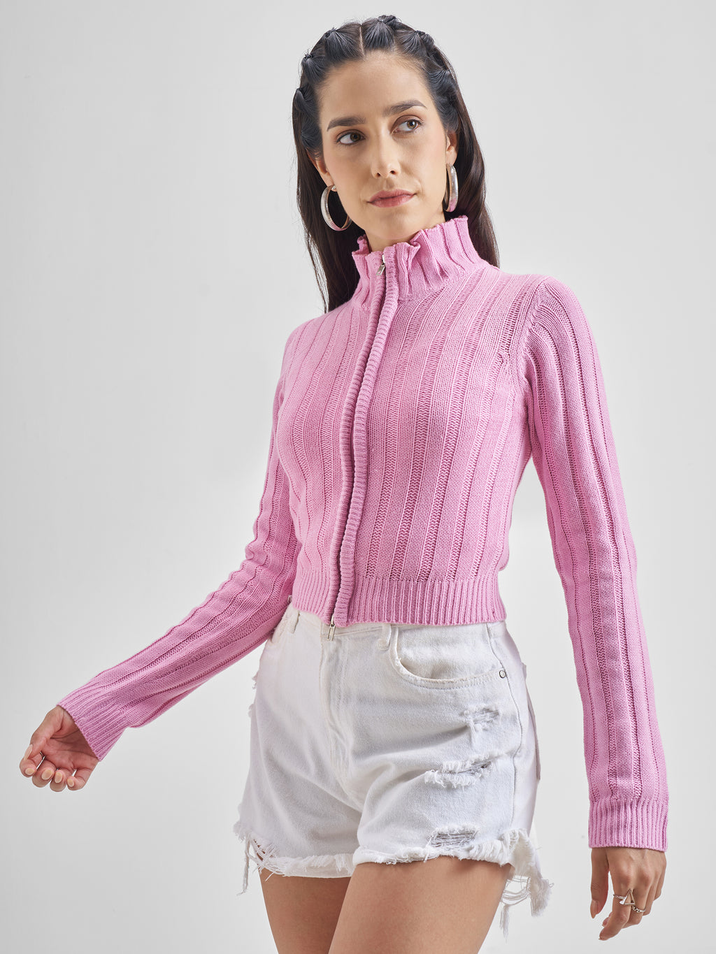 Tokyo Talkies Women Pink Mock Collar Sweater - Pink - Image 4