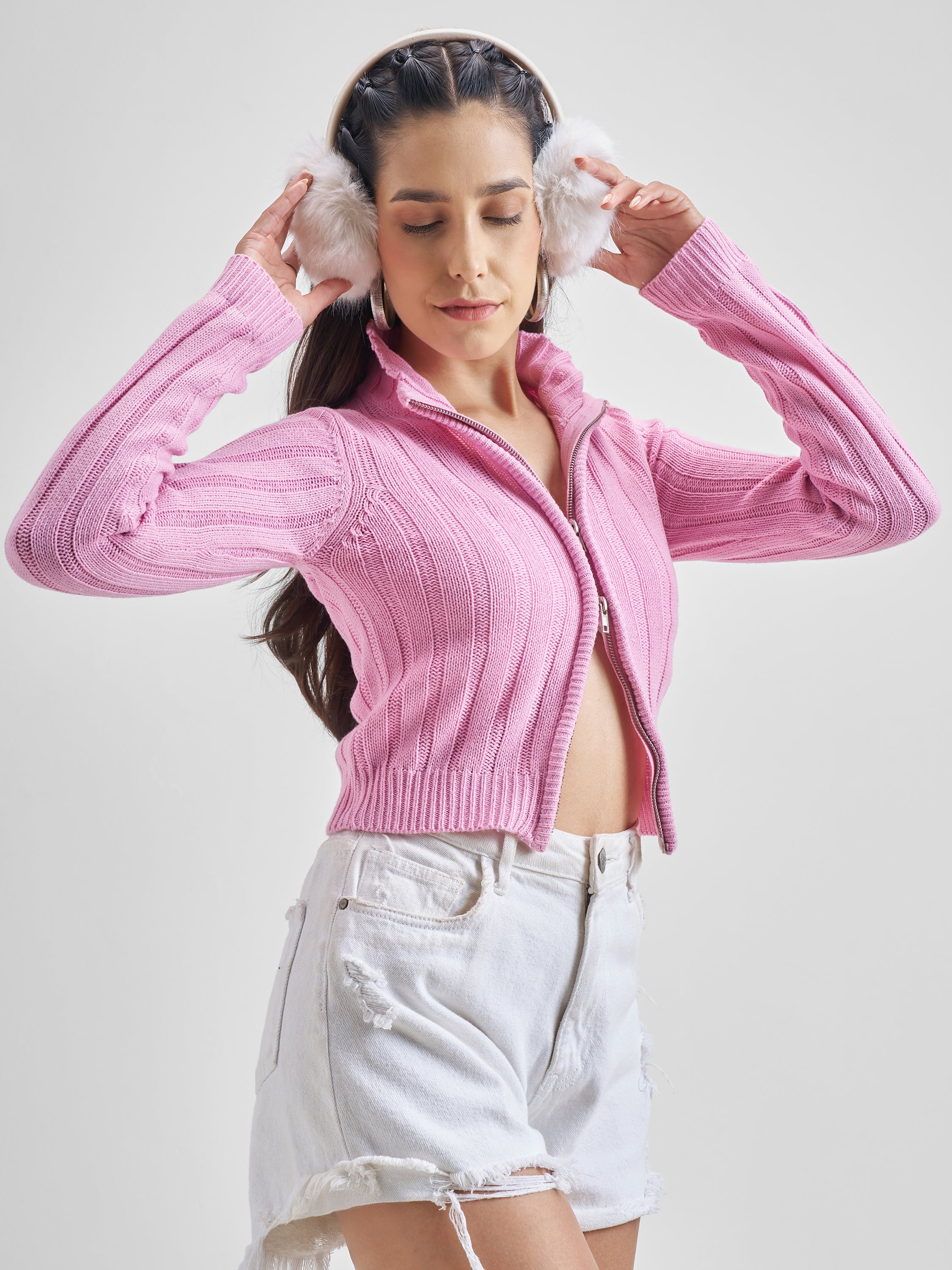 Tokyo Talkies Women Pink Mock Collar Sweater - Pink - Image 6