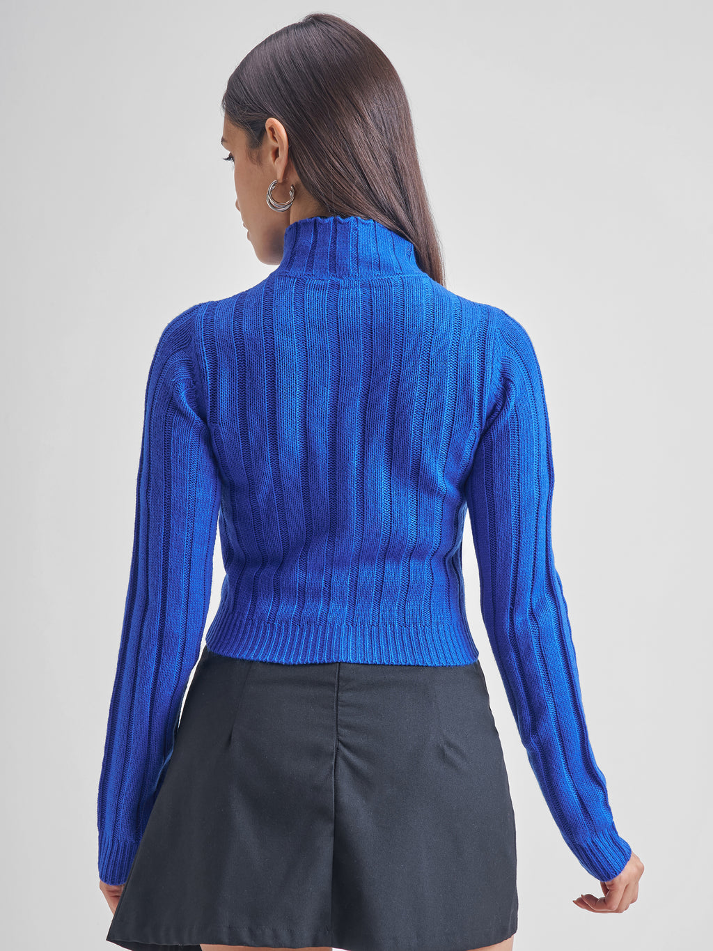 Tokyo Talkies Women Blue Mock Collar Sweater - Blue - Image 3