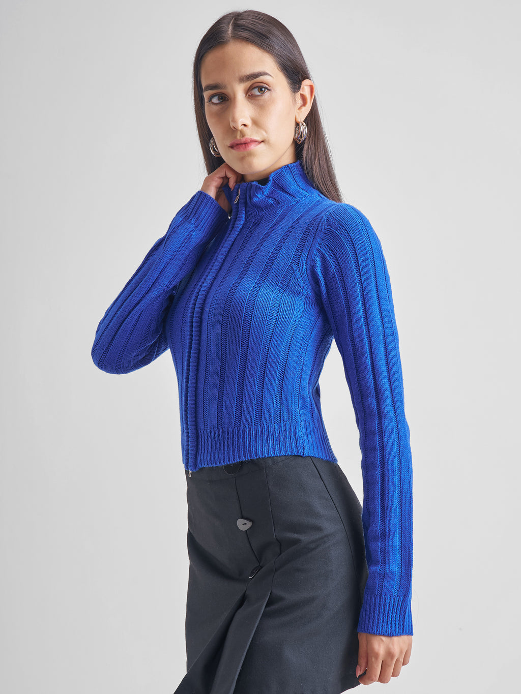 Tokyo Talkies Women Blue Mock Collar Sweater - Blue - Image 4