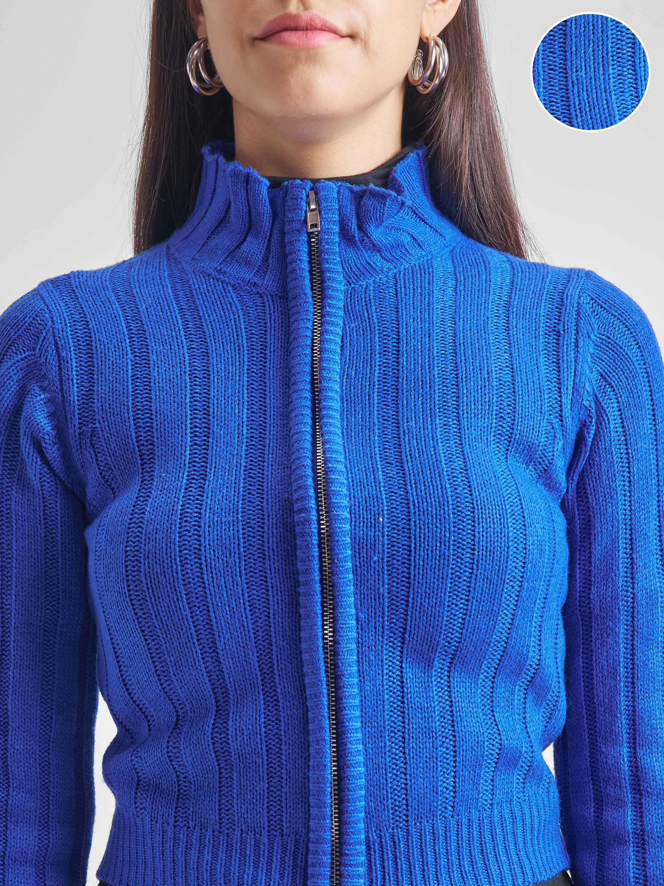 Tokyo Talkies Women Blue Mock Collar Sweater - Blue - Image 5