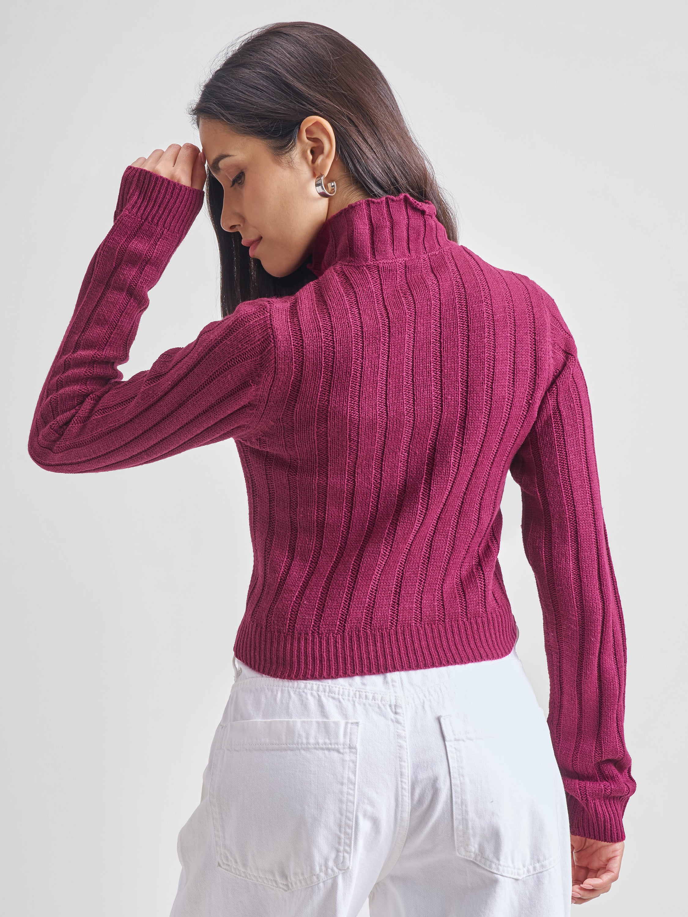Tokyo Talkies Women Maroon Turtle Neck Sweater - Maroon - Image 3