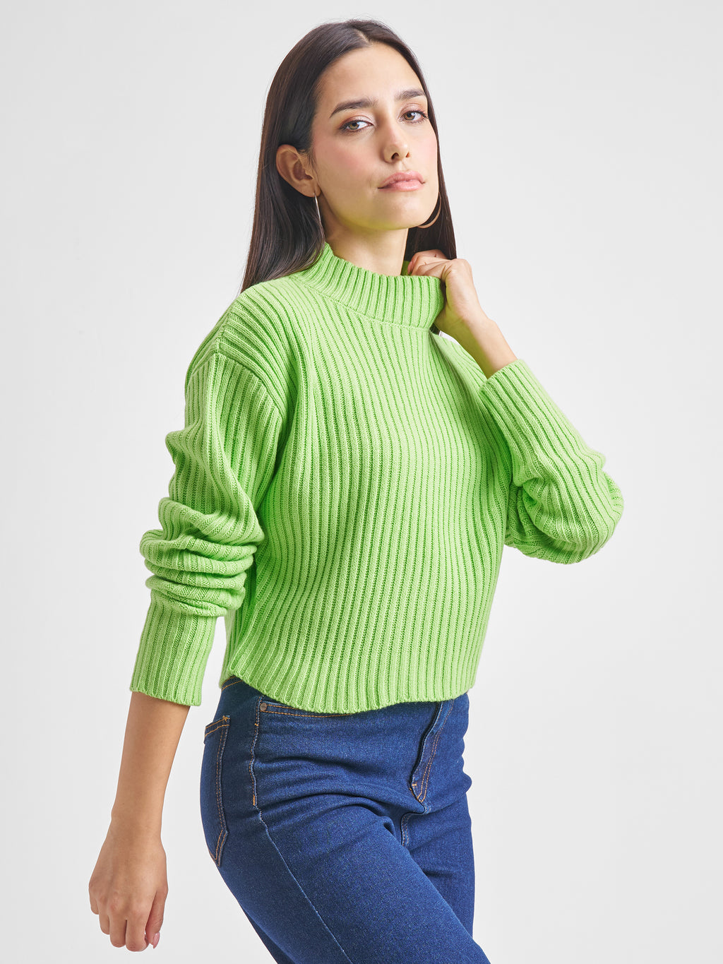 Tokyo Talkies Women Green Turtle Neck Cropped Sweater - Green - Image 6