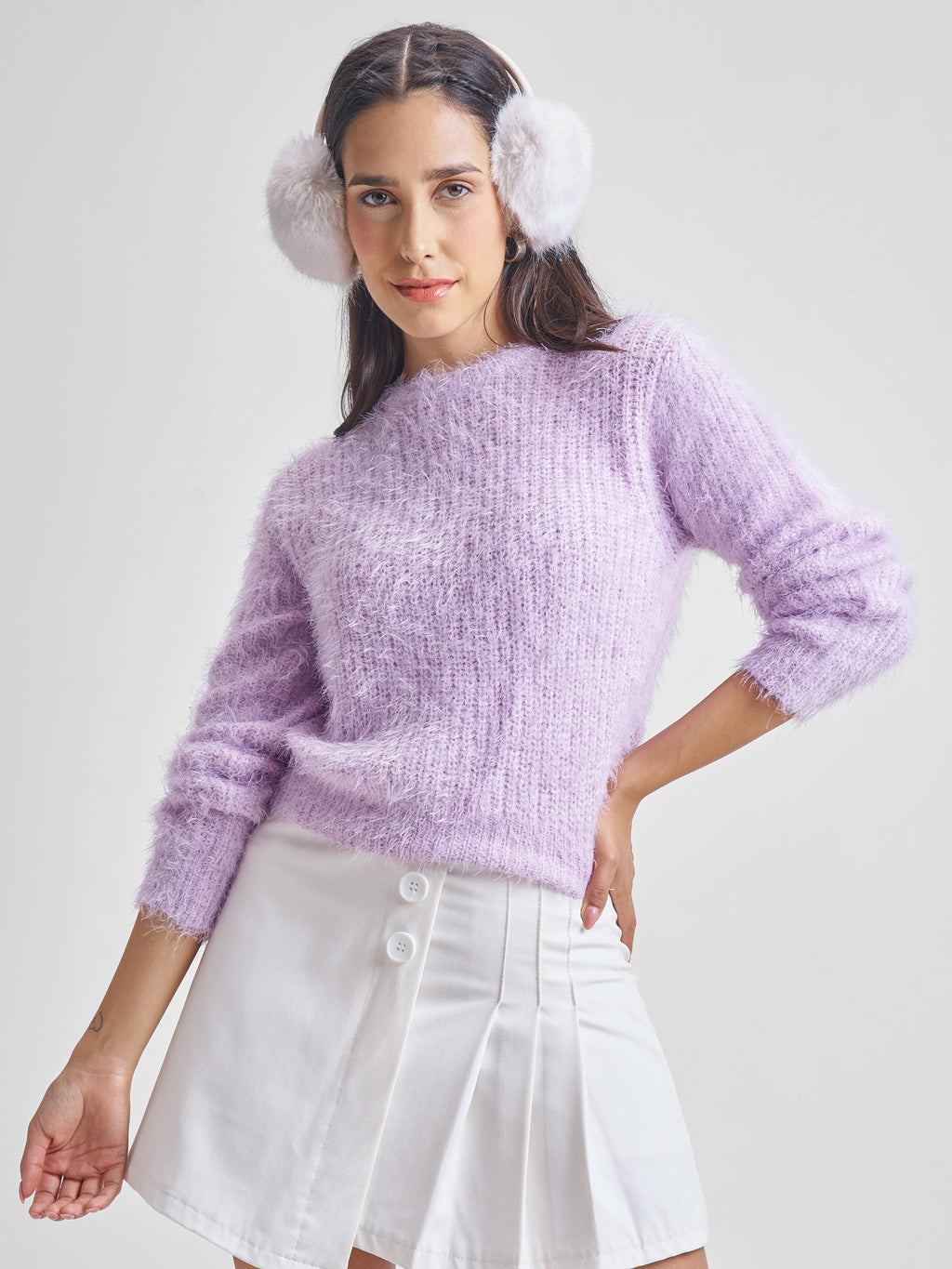 Tokyo Talkies Women Purple Round Neck Cropped Sweater - Purple - Image 1