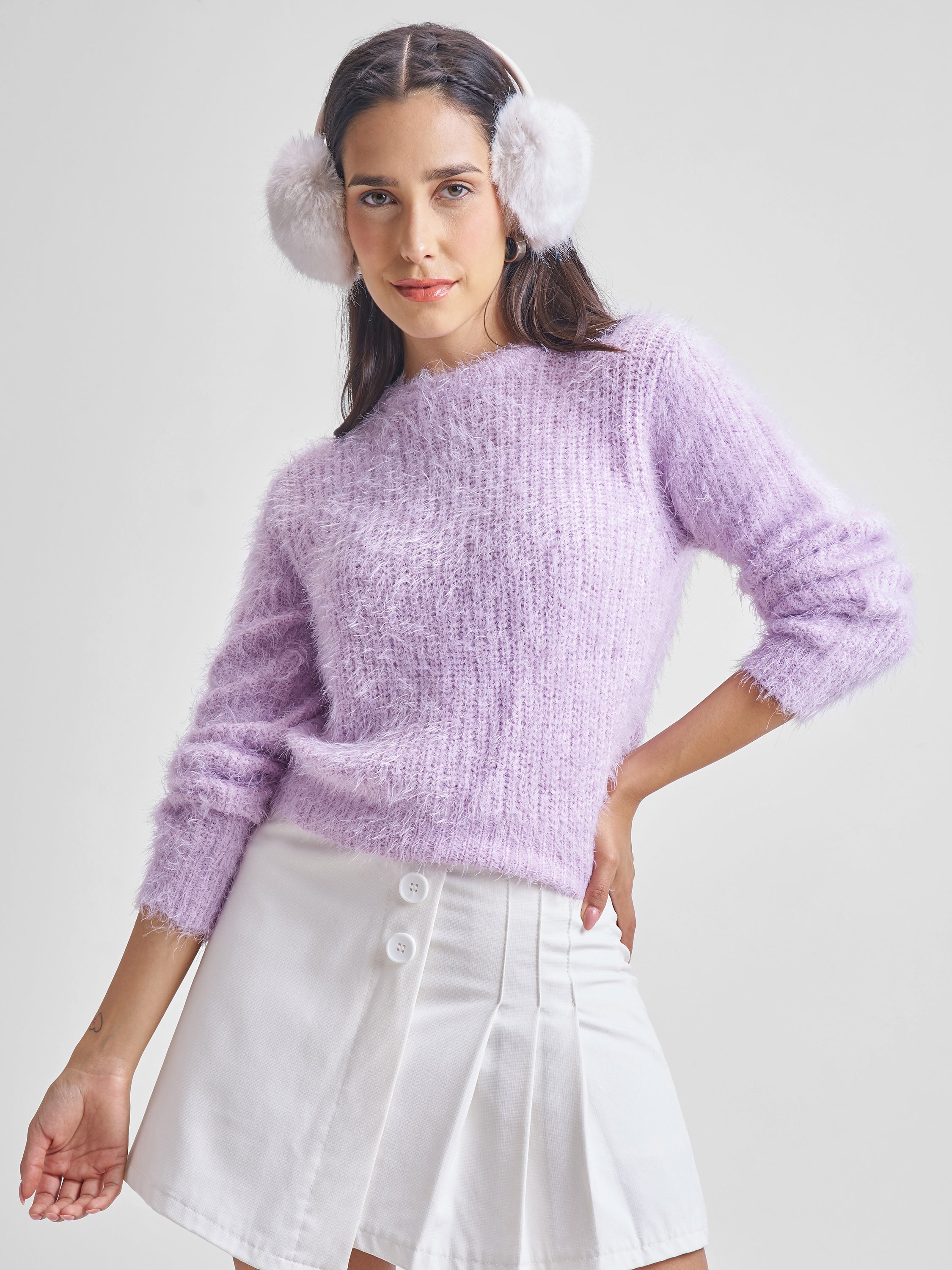 Tokyo Talkies Women Purple Round Neck Cropped Sweater - Purple - Image 1