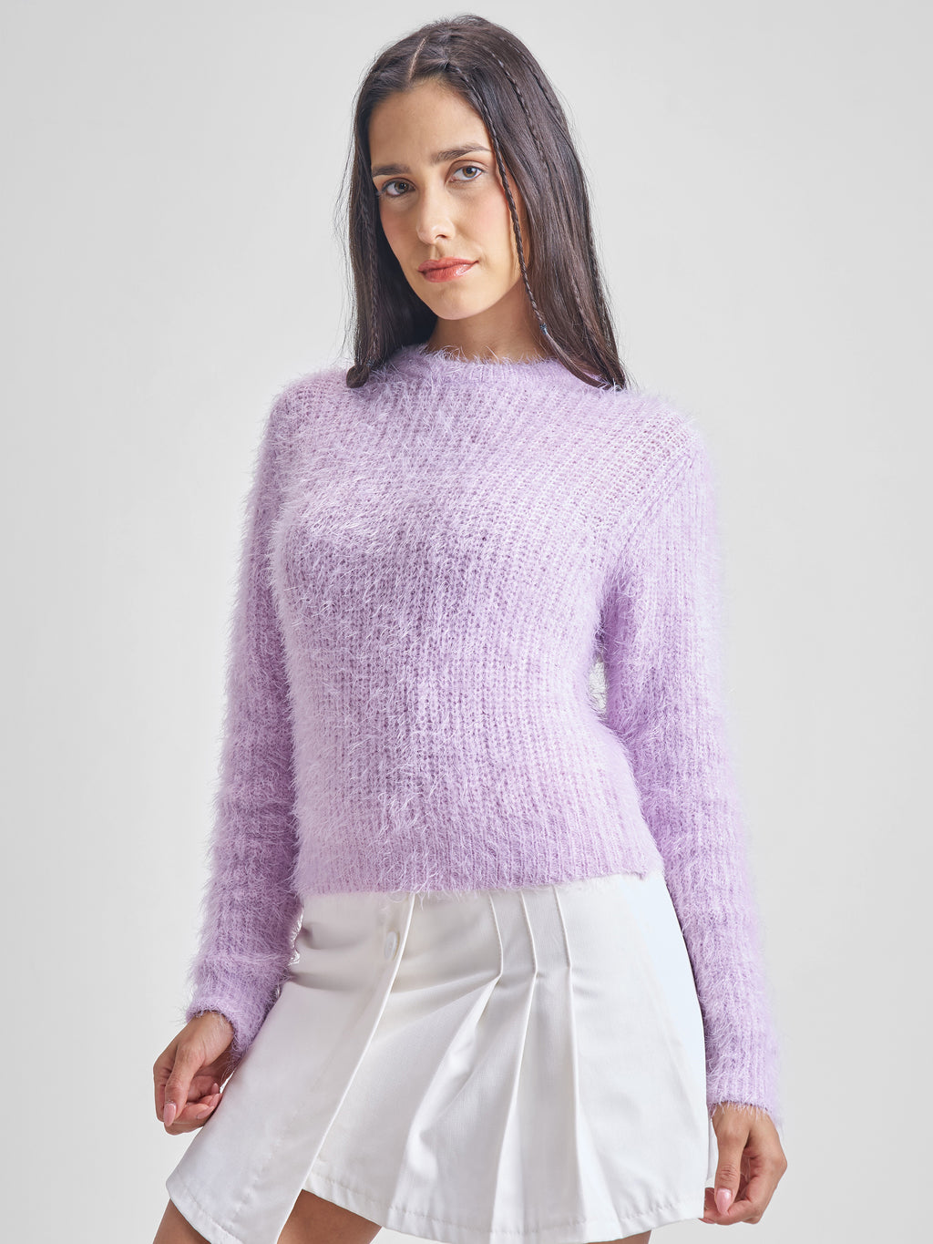 Tokyo Talkies Women Purple Round Neck Cropped Sweater - Purple - Image 4