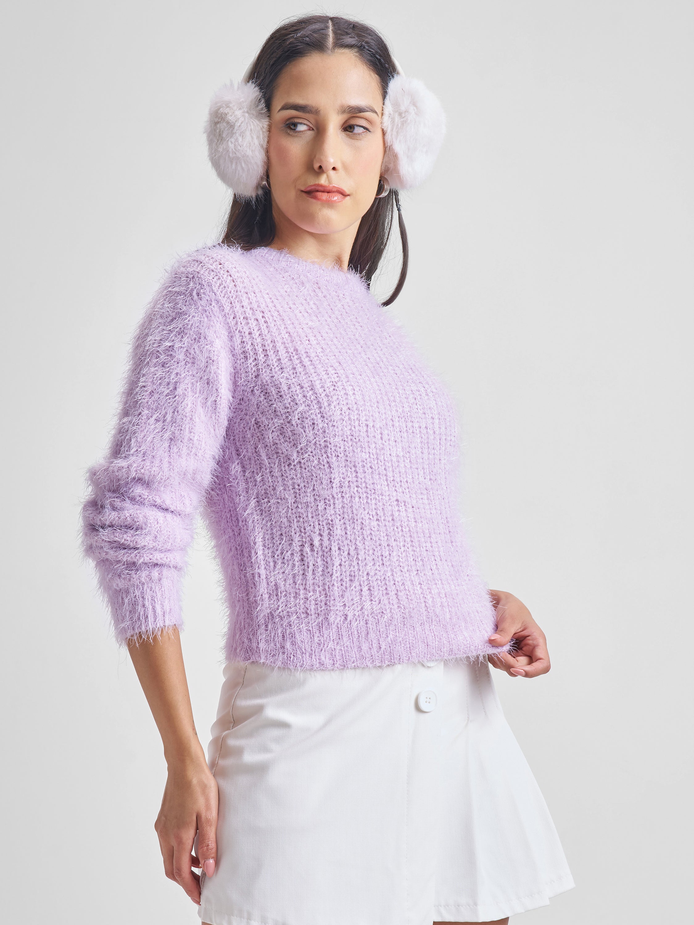 Tokyo Talkies Women Purple Round Neck Cropped Sweater - Purple - Image 6