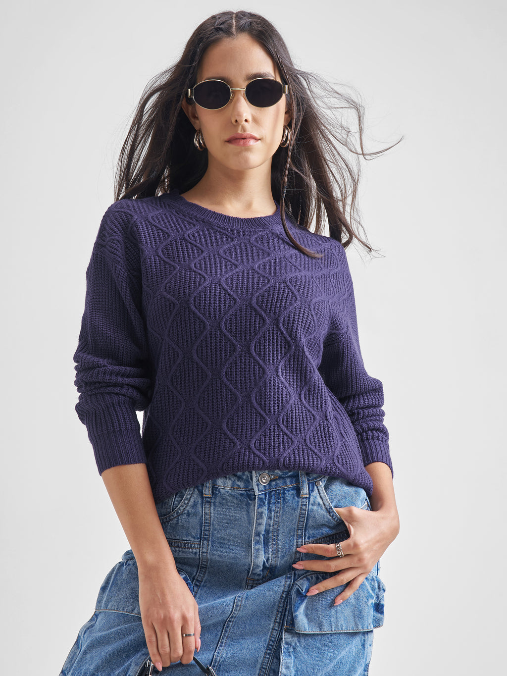 Tokyo Talkies Women Navy Round Neck Sweater - Navy Blue - Image 1