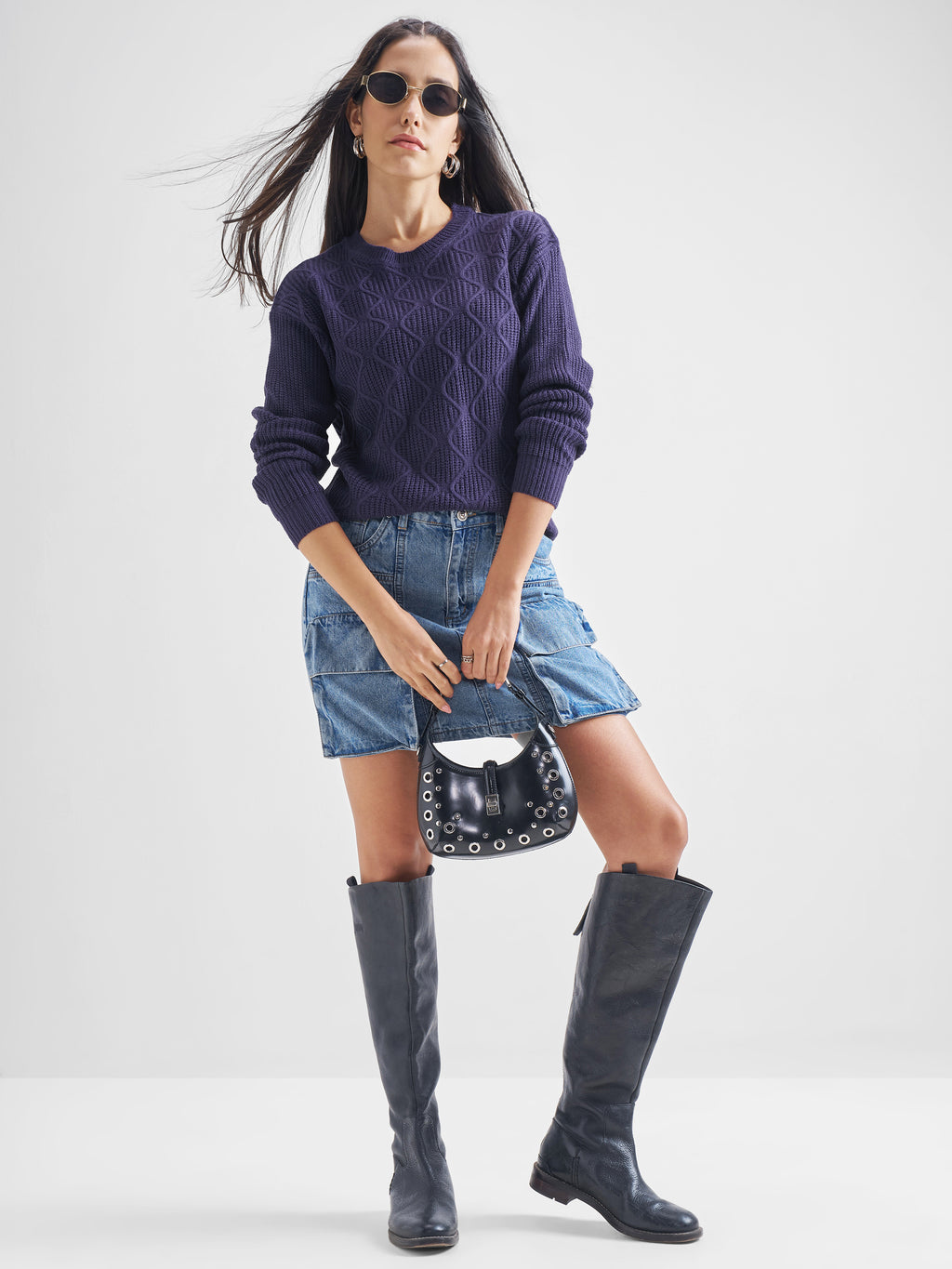 Tokyo Talkies Women Navy Round Neck Sweater - Navy Blue - Image 2