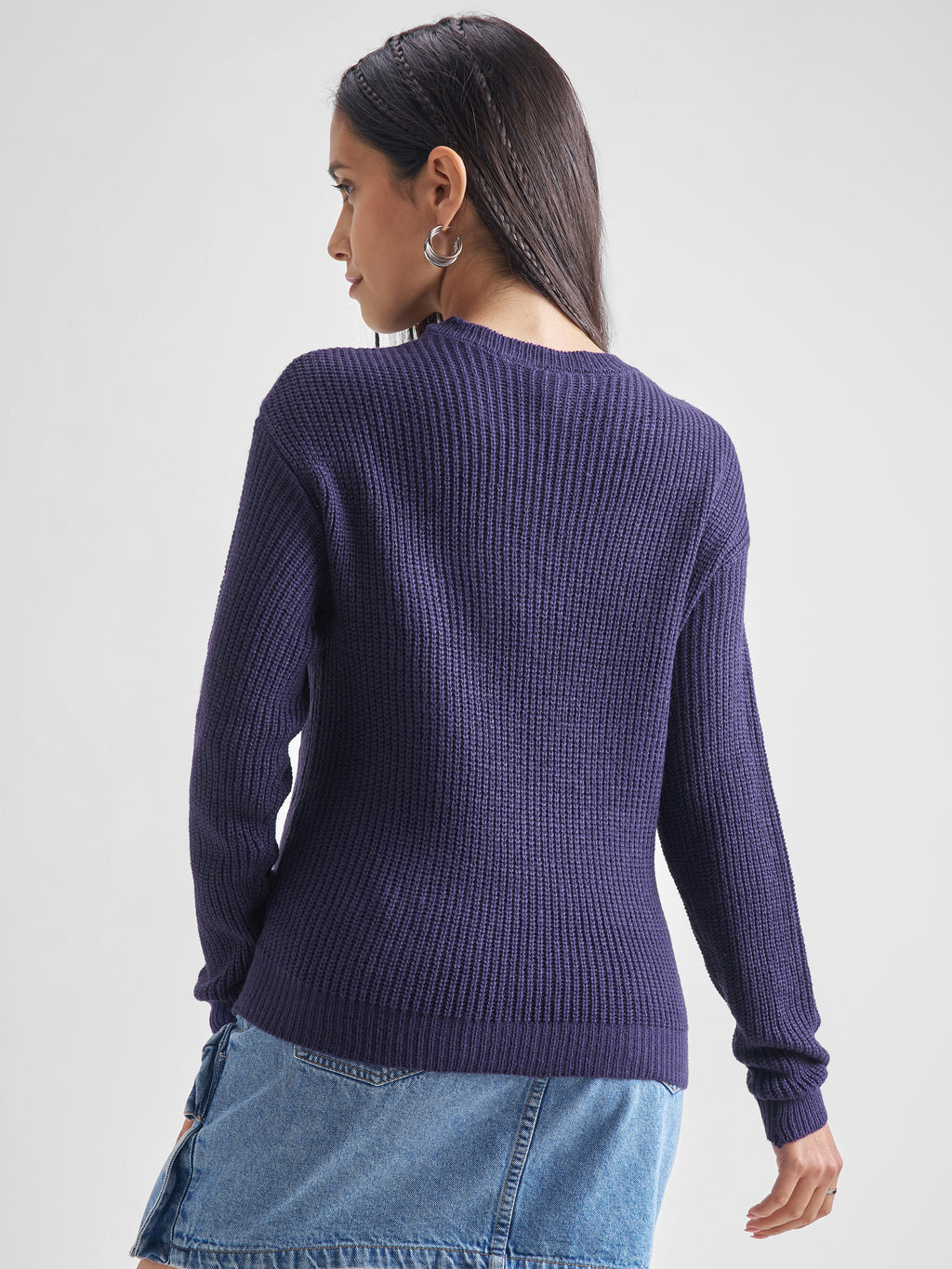 Tokyo Talkies Women Navy Round Neck Sweater - Navy Blue - Image 3