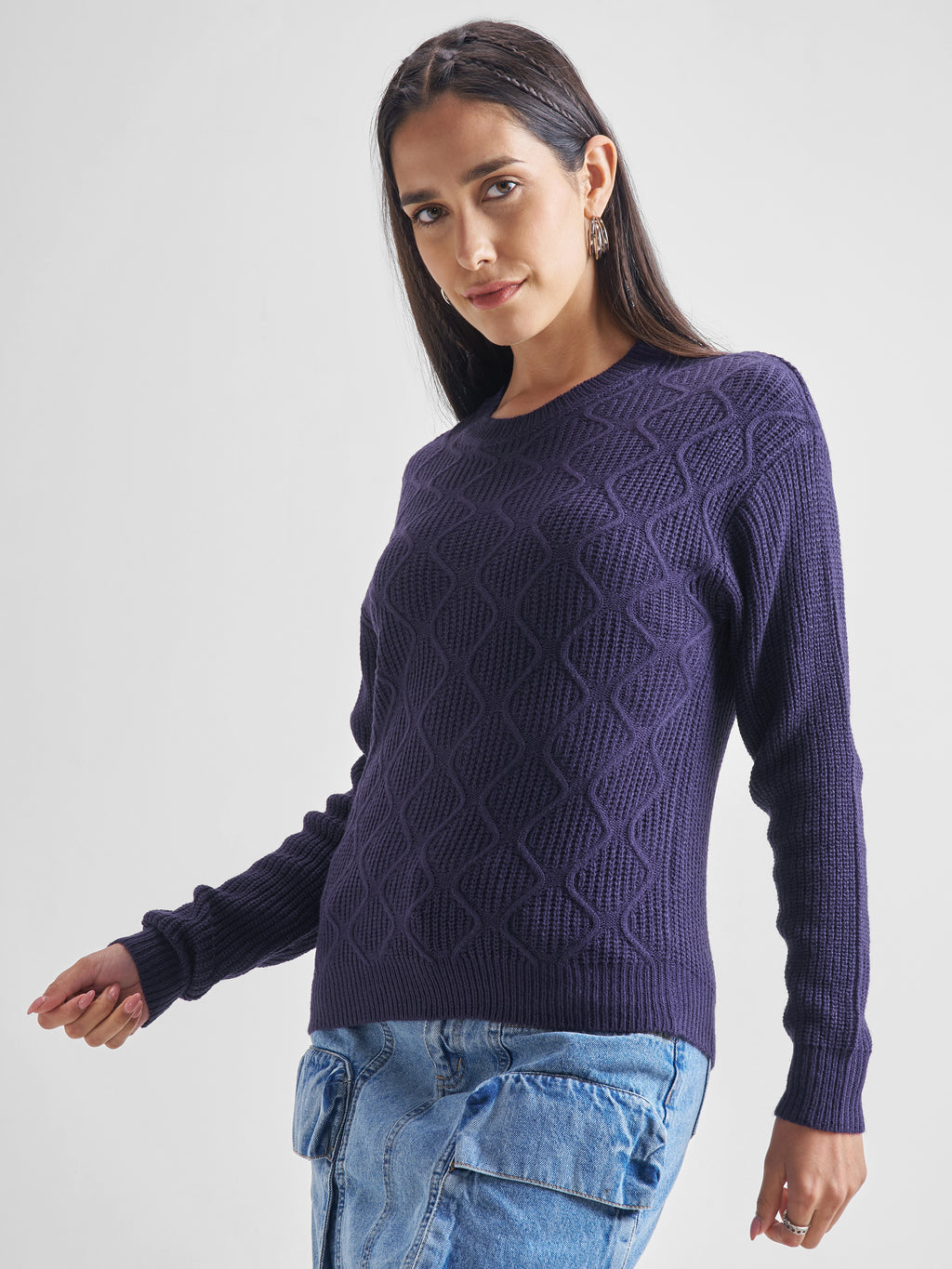 Tokyo Talkies Women Navy Round Neck Sweater - Navy Blue - Image 4