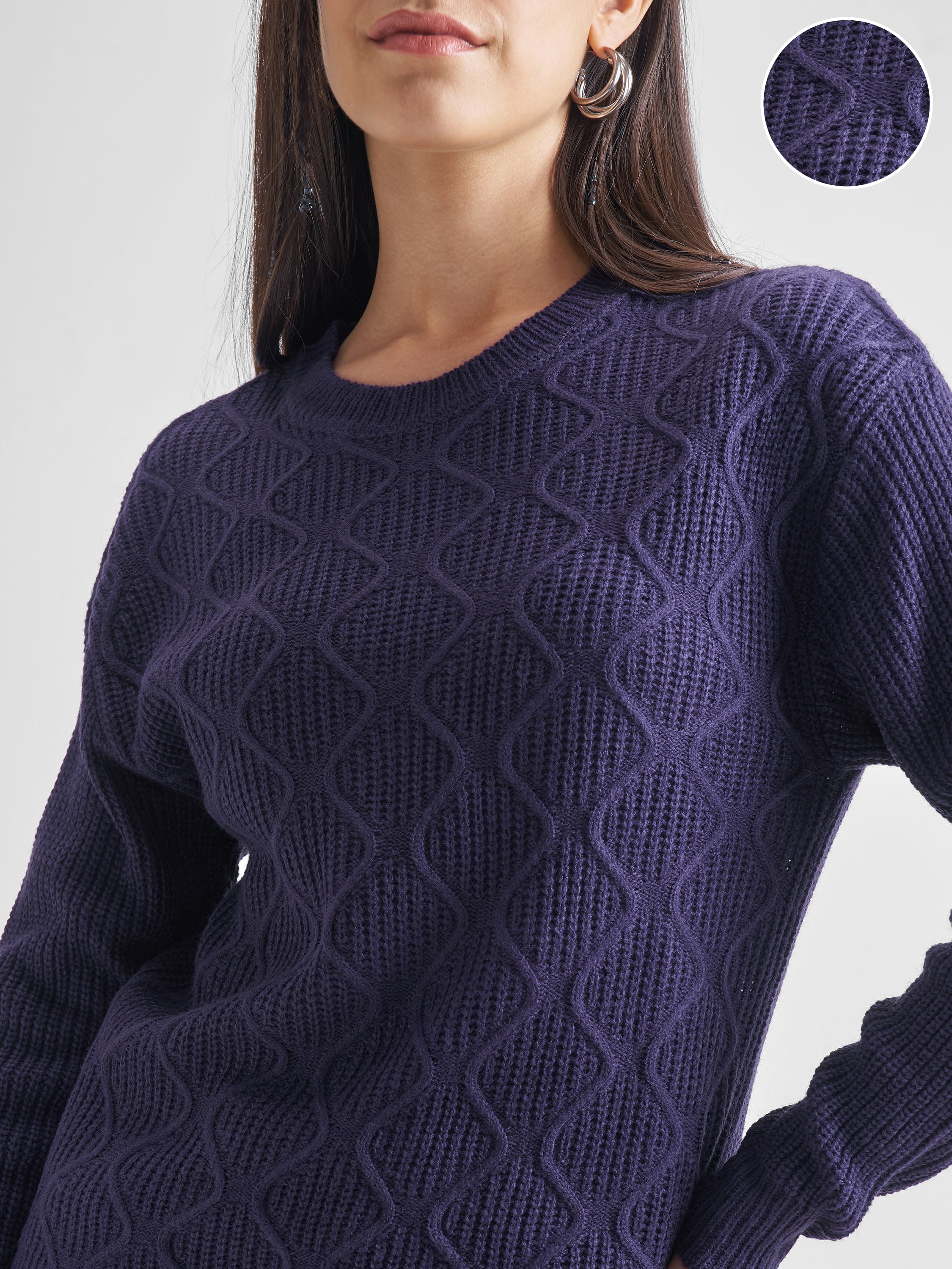 Tokyo Talkies Women Navy Round Neck Sweater - Navy Blue - Image 5