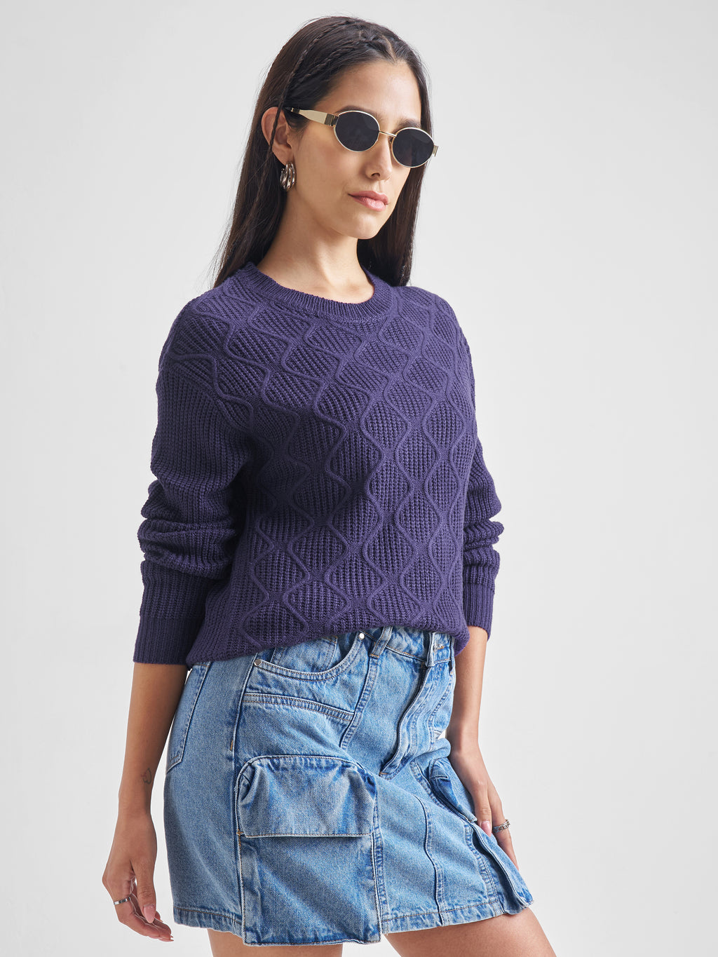 Tokyo Talkies Women Navy Round Neck Sweater - Navy Blue - Image 6