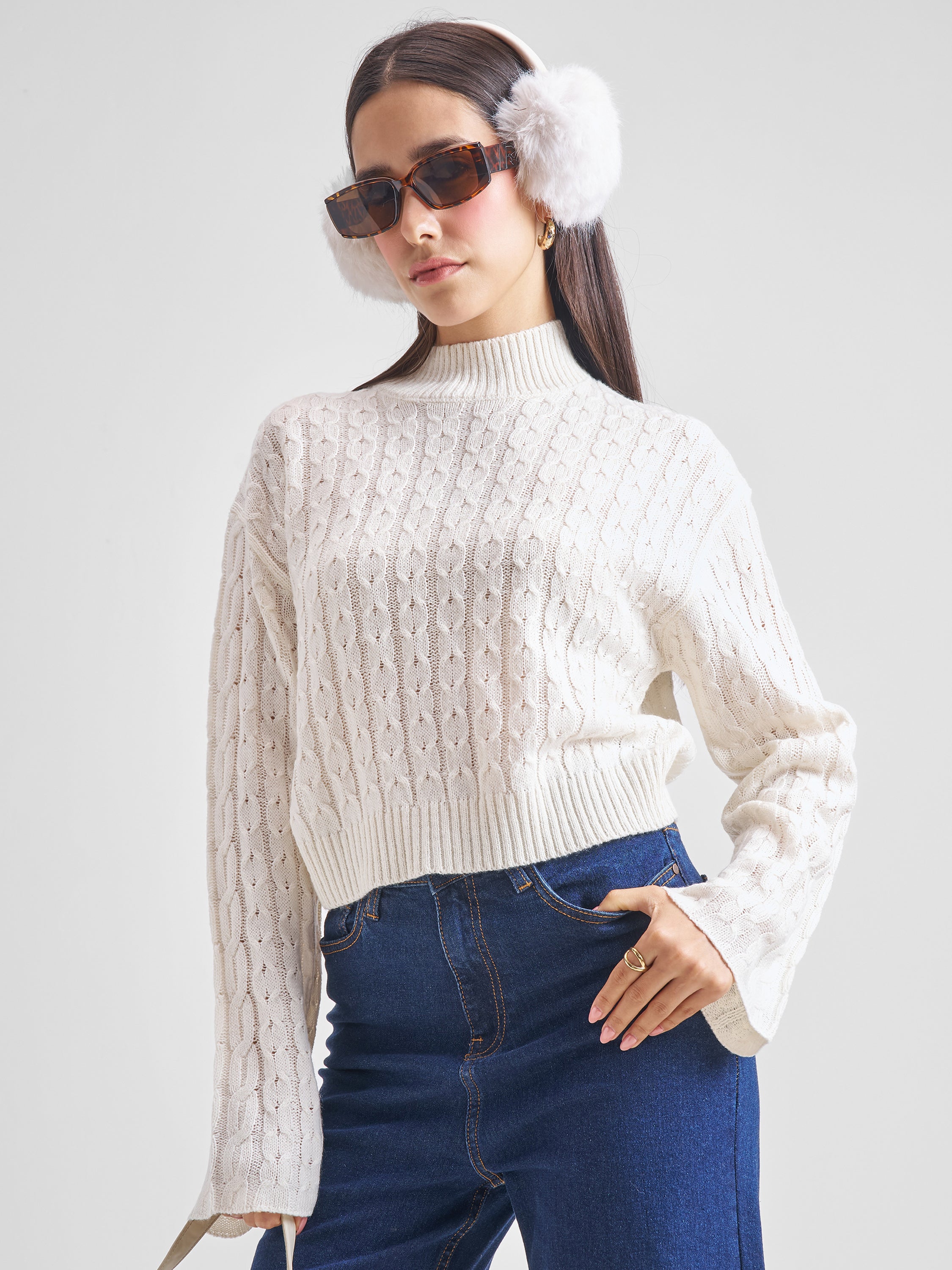 Tokyo Talkies Women White Turtle Neck Sweater - White - Image 1