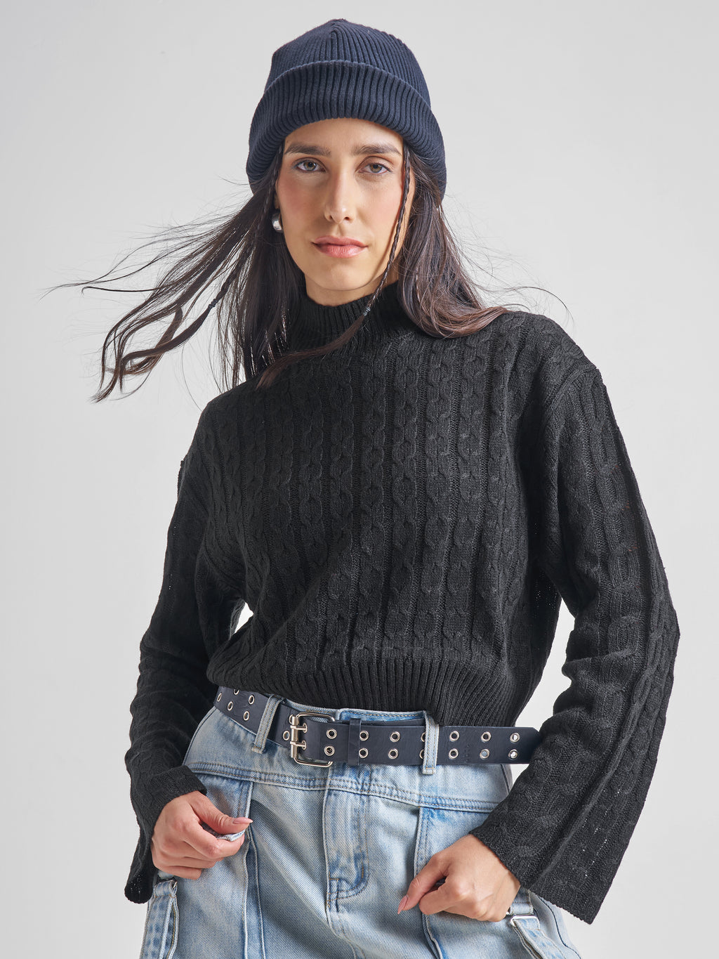 Tokyo Talkies Women Black Turtle Neck Cable Knit Sweater - Black - Image 1