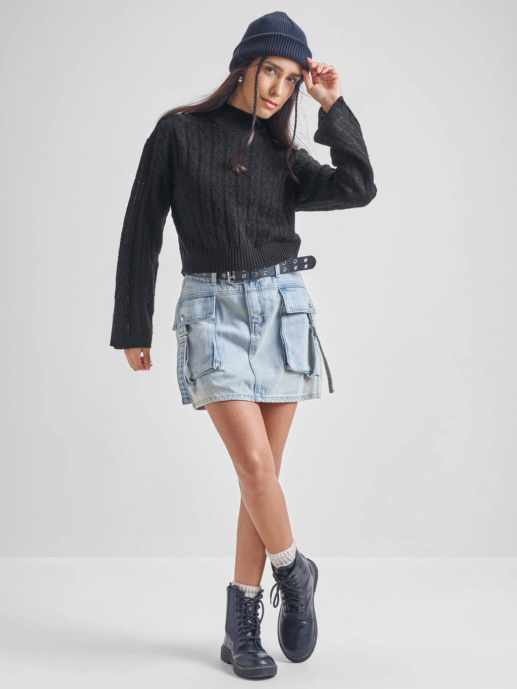 Tokyo Talkies Women Black Turtle Neck Cable Knit Sweater - Black - Image 2