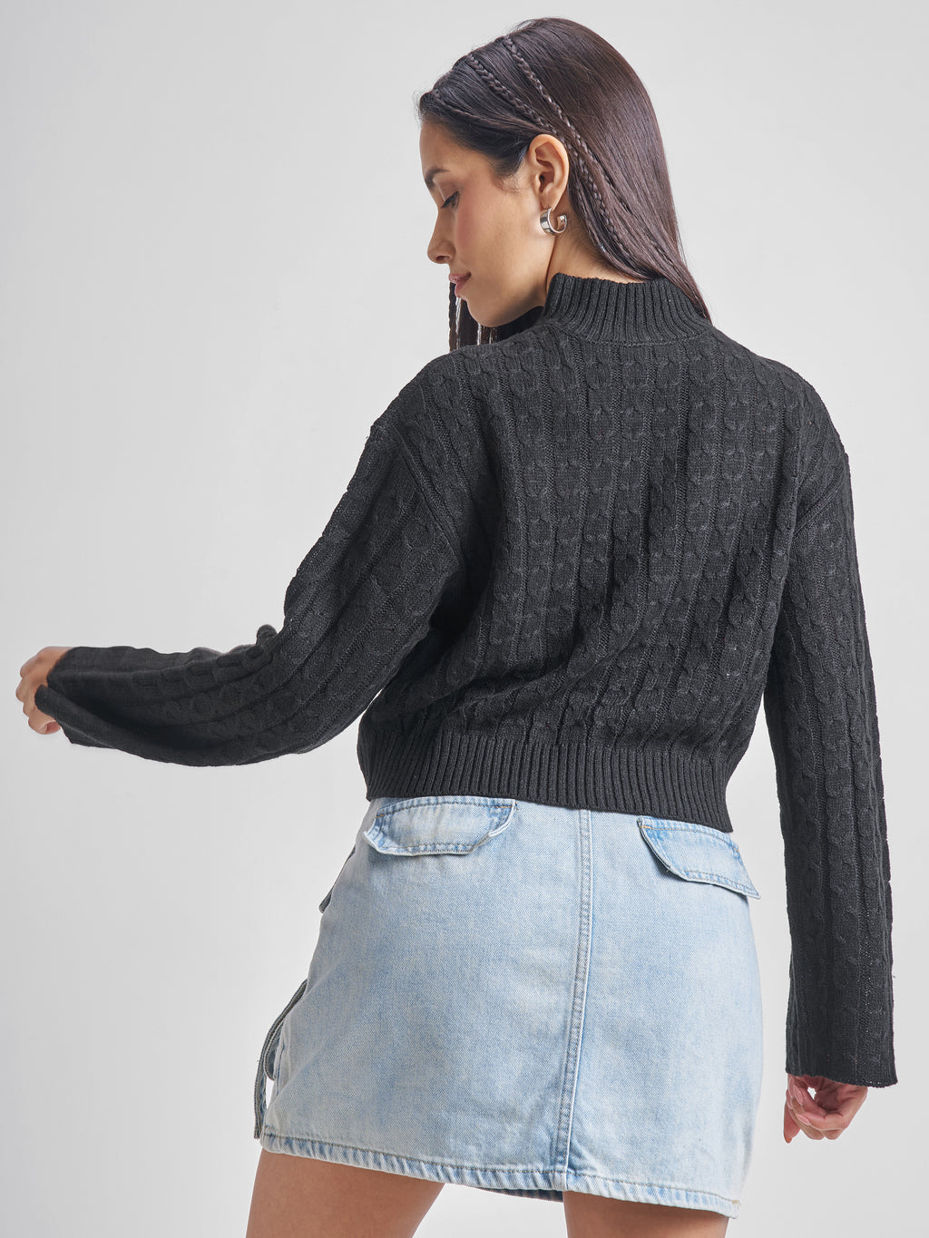 Tokyo Talkies Women Black Turtle Neck Cable Knit Sweater - Black - Image 3