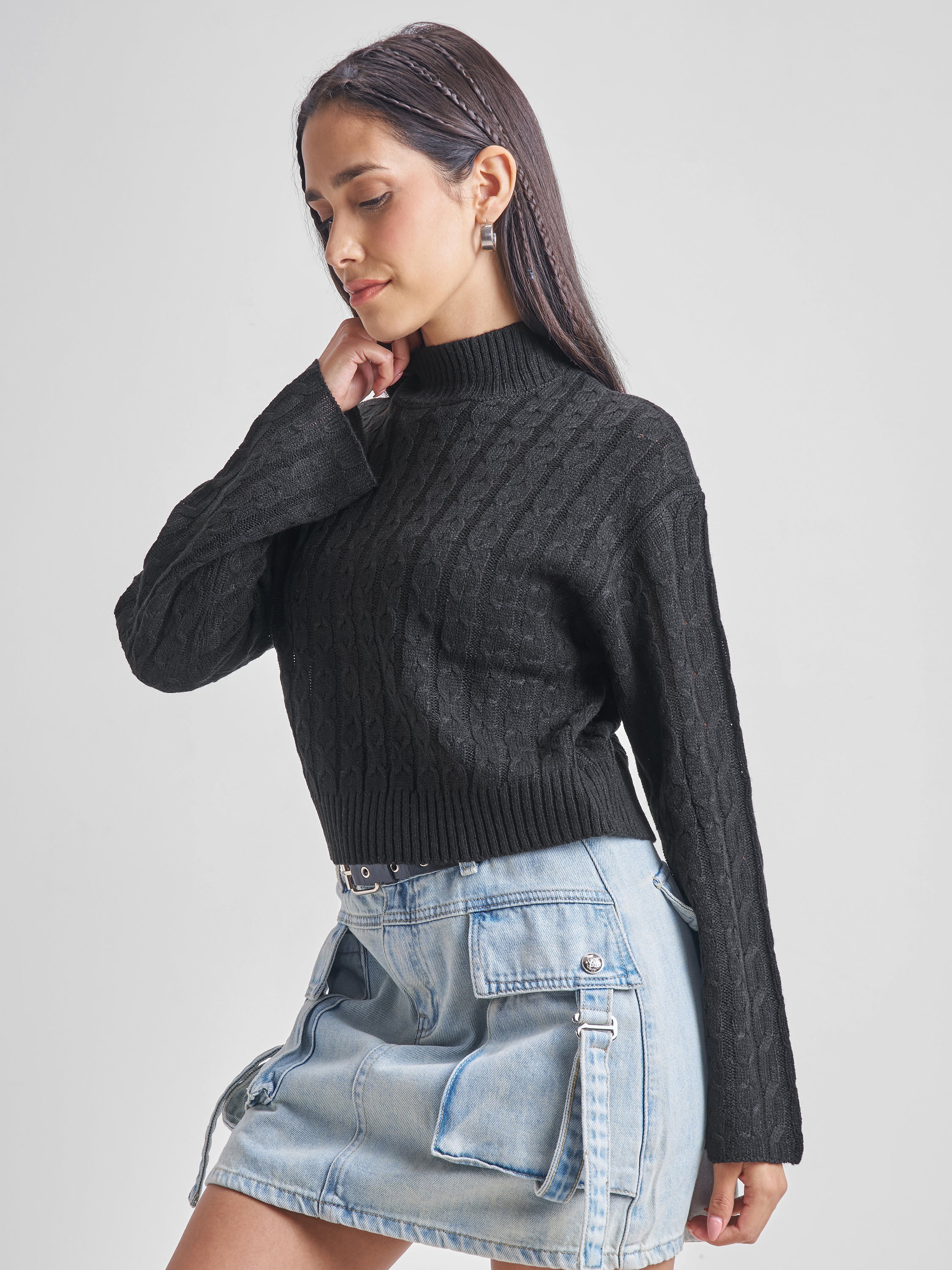 Tokyo Talkies Women Black Turtle Neck Cable Knit Sweater - Black - Image 4