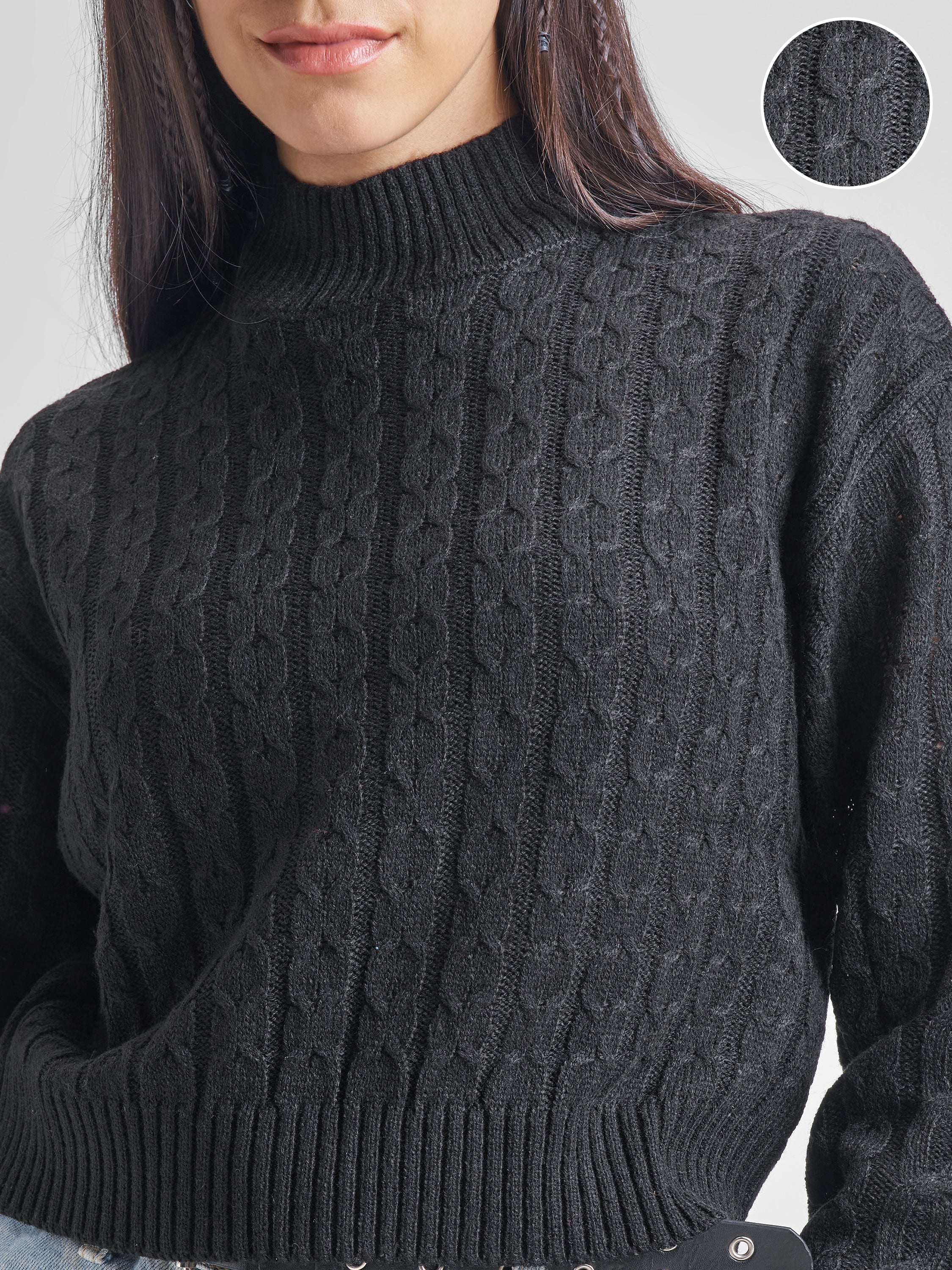Tokyo Talkies Women Black Turtle Neck Cable Knit Sweater - Black - Image 5