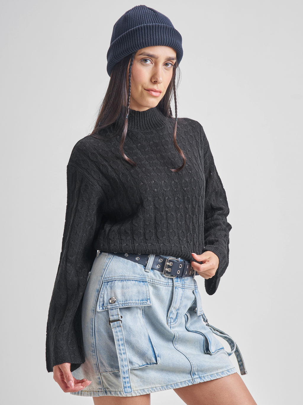 Tokyo Talkies Women Black Turtle Neck Cable Knit Sweater - Black - Image 6