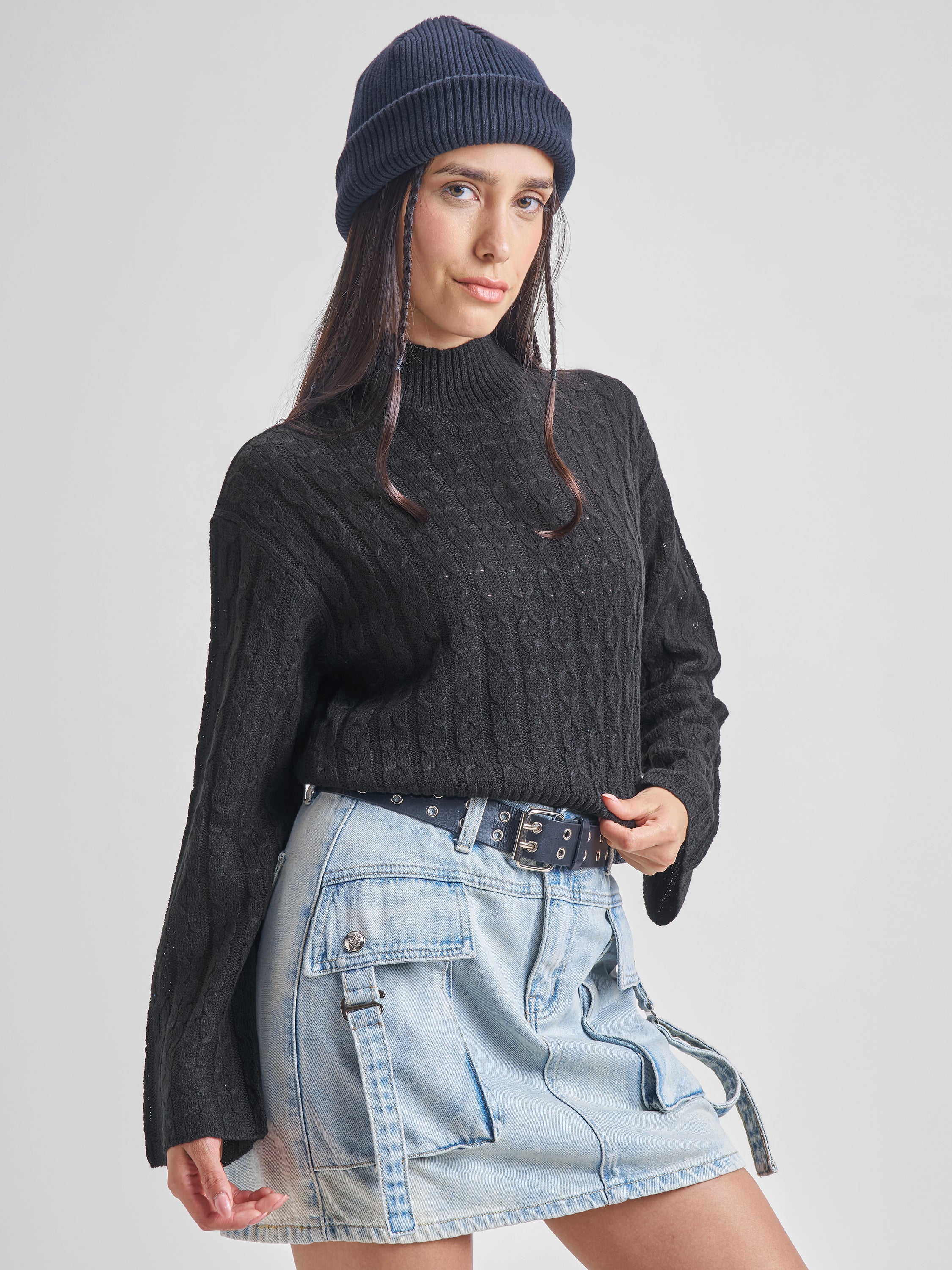 Tokyo Talkies Women Black Turtle Neck Cable Knit Sweater - Black - Image 6