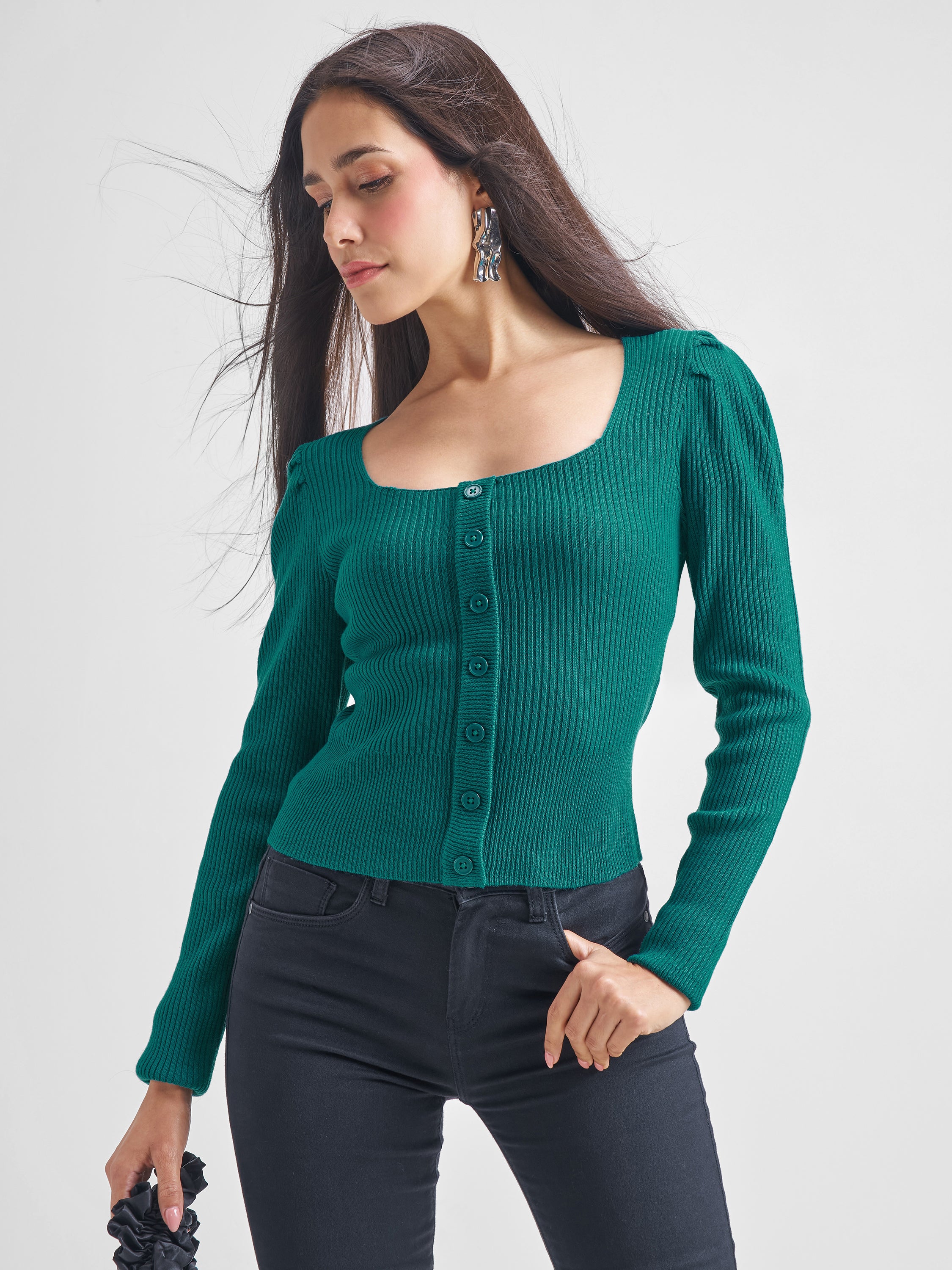 Tokyo Talkies Women Teal Boat Neck Ribbed Sweater - Teal - Image 1
