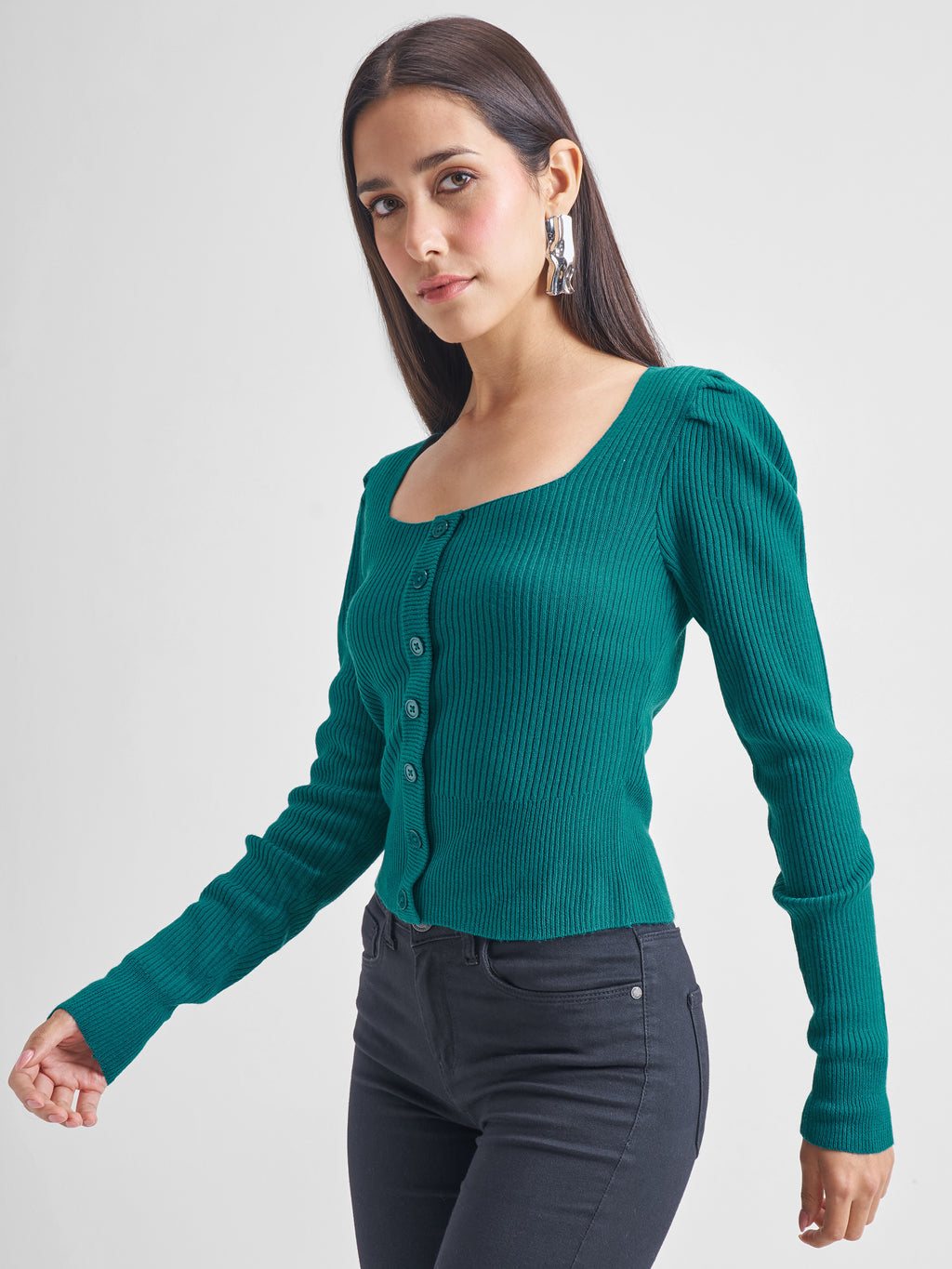 Tokyo Talkies Women Teal Boat Neck Ribbed Sweater - Teal - Image 4