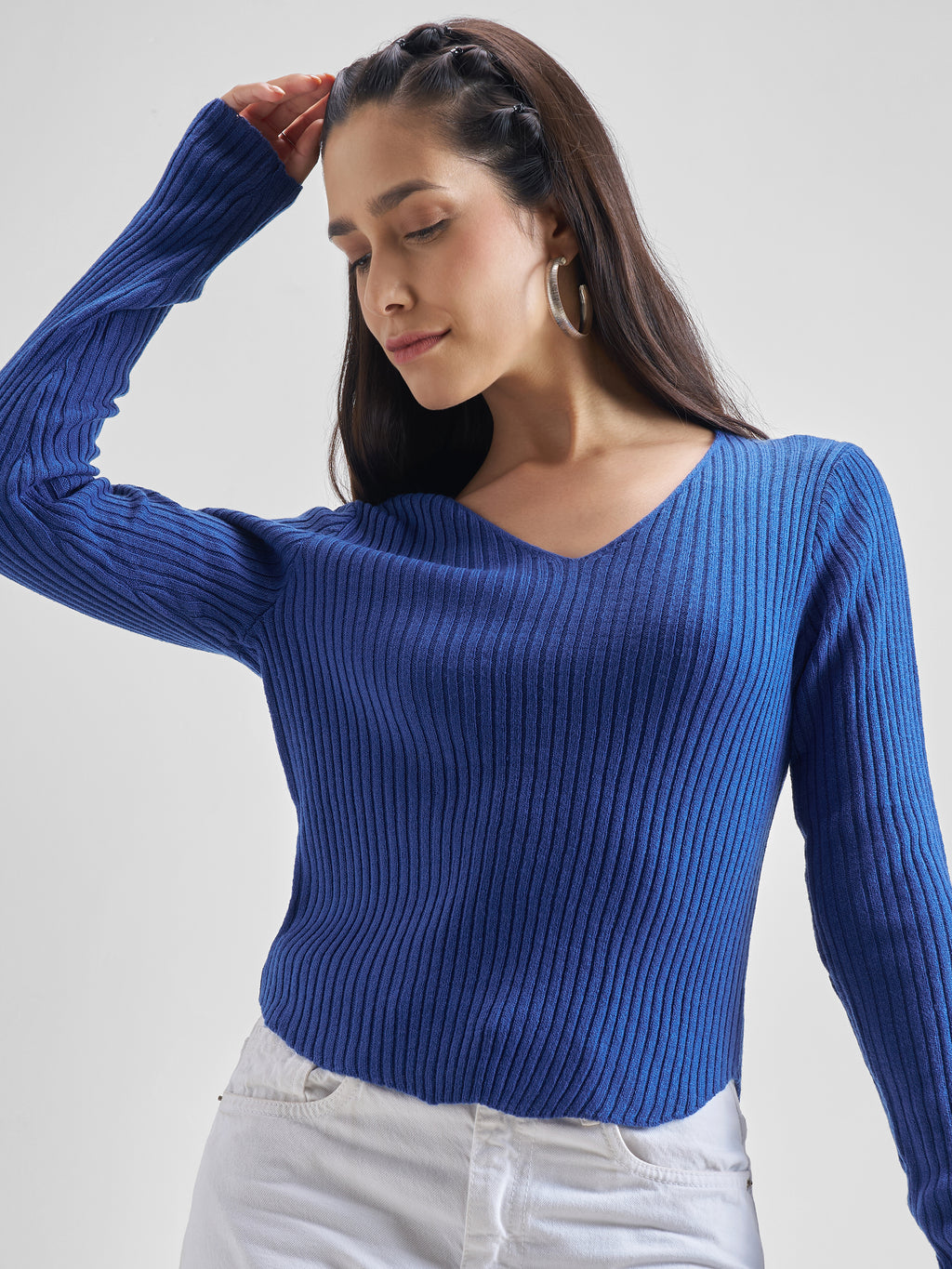 Tokyo Talkies Women Blue V-Neck Sweater - Blue - Image 1
